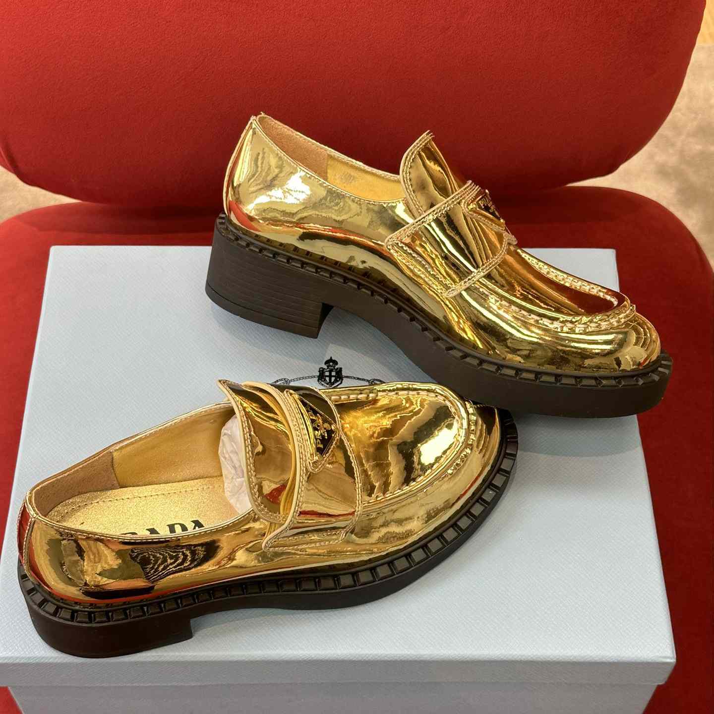 Prada Metallic Leather Loafers - DesignerGu