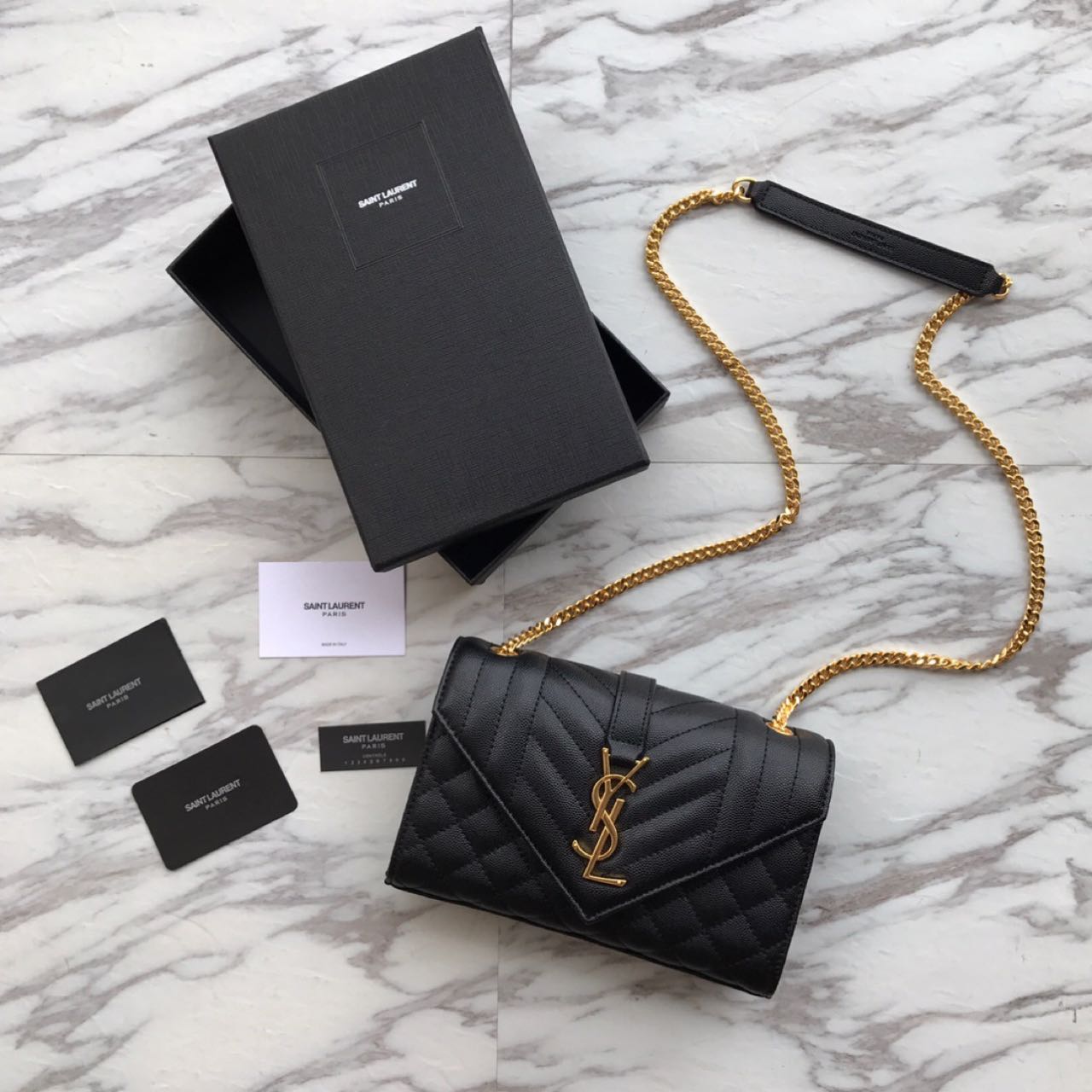 Saint Laurent Envelope Chain Wallet In Mix Matelasse Grain De Poudre Embossed Leather(21-13-6CM) - DesignerGu