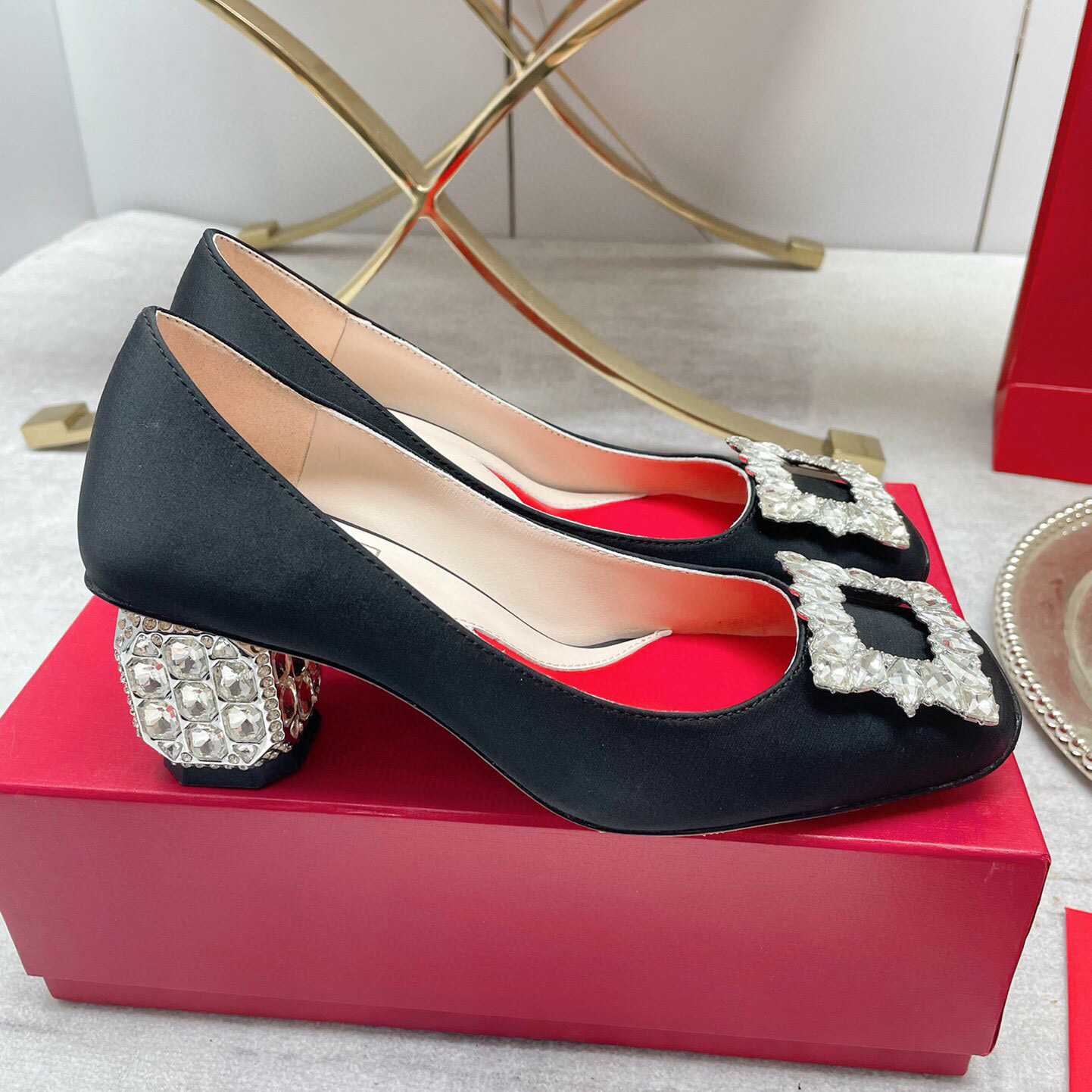 Roger Vivier Jewel Heel Rhinestone Buckle Pumps In Satin - DesignerGu