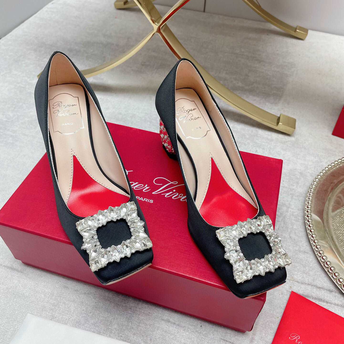 Roger Vivier Jewel Heel Rhinestone Buckle Pumps In Satin - DesignerGu