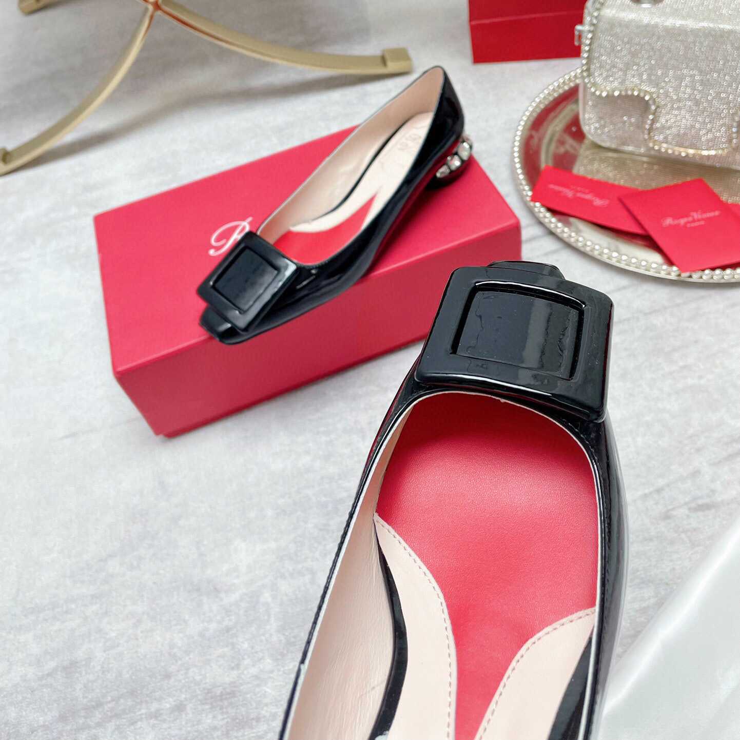 Roger Vivier Strass Heel Covered Buckle Ballerinas In Patent Leather - DesignerGu