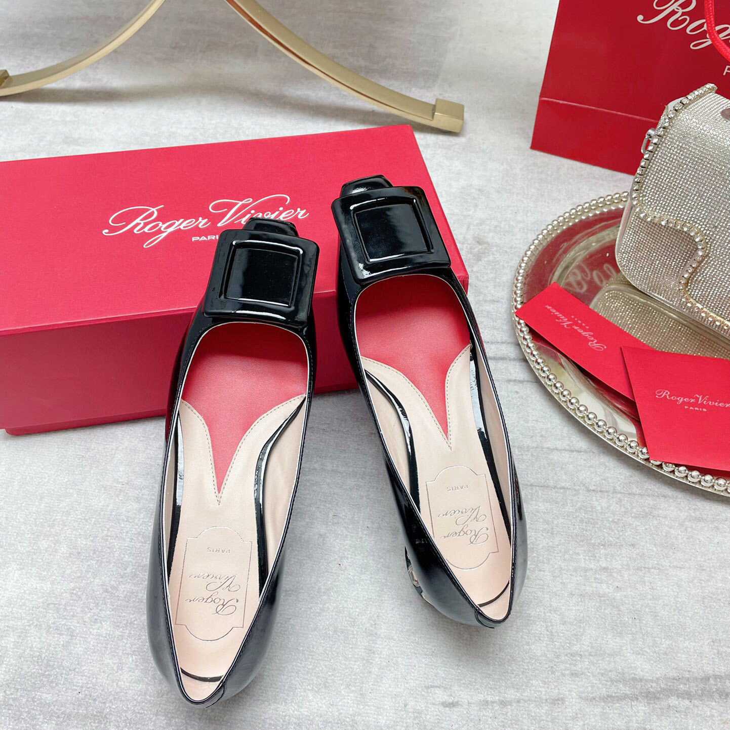 Roger Vivier Strass Heel Covered Buckle Ballerinas In Patent Leather - DesignerGu