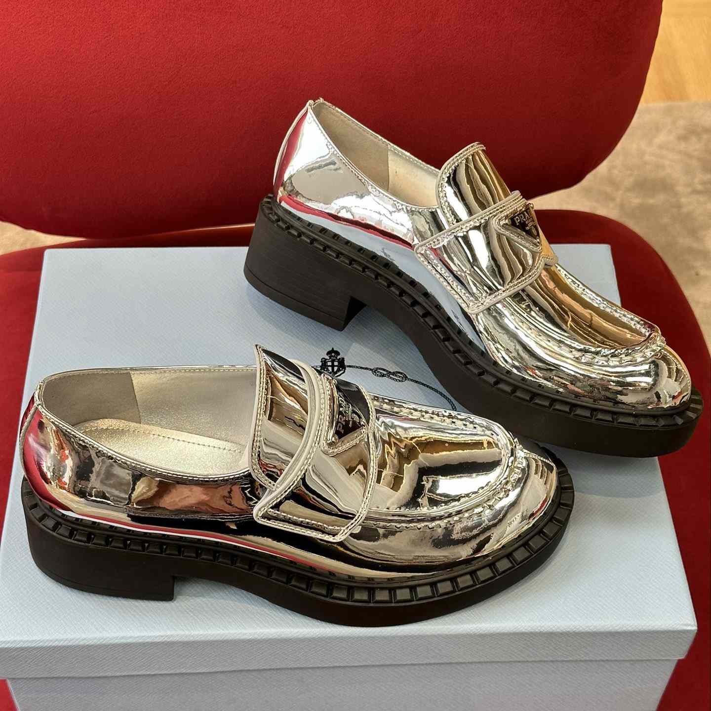 Prada Metallic Leather Loafers - DesignerGu