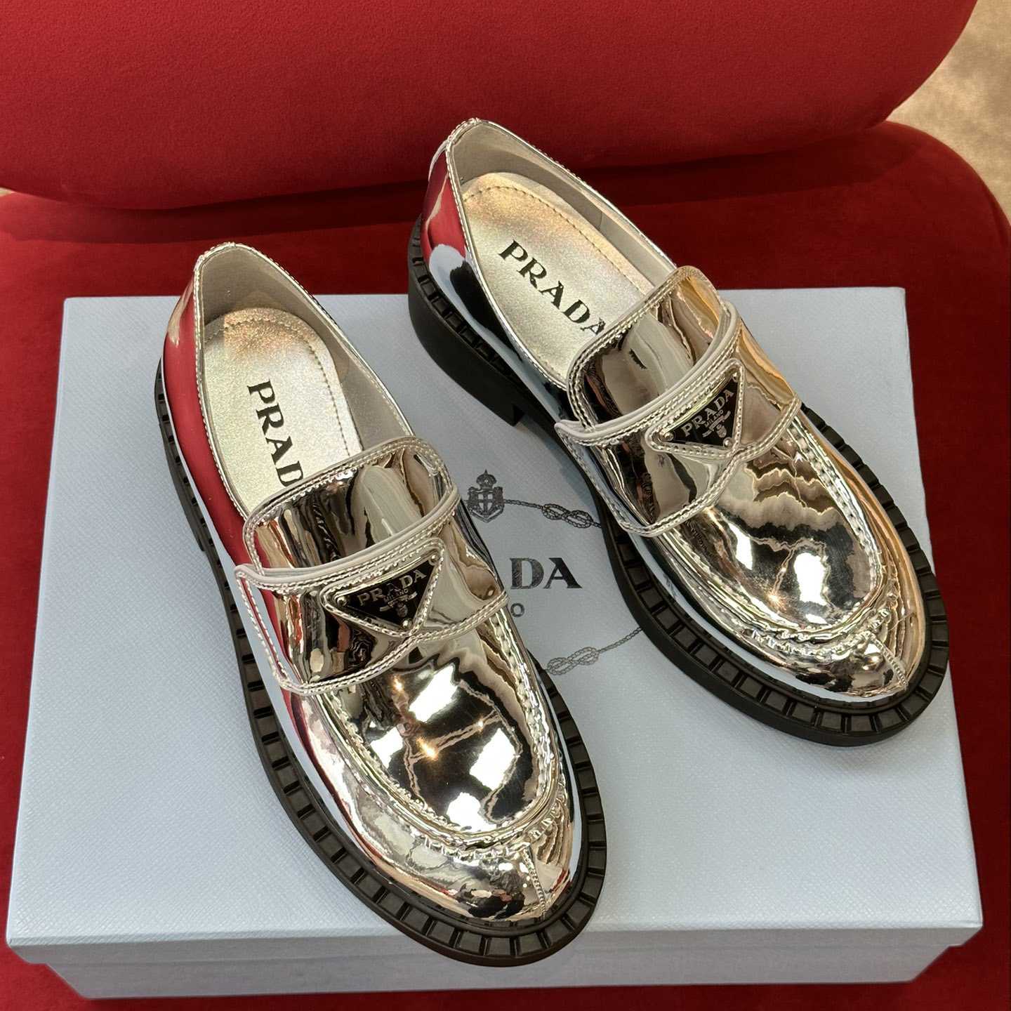 Prada Metallic Leather Loafers - DesignerGu