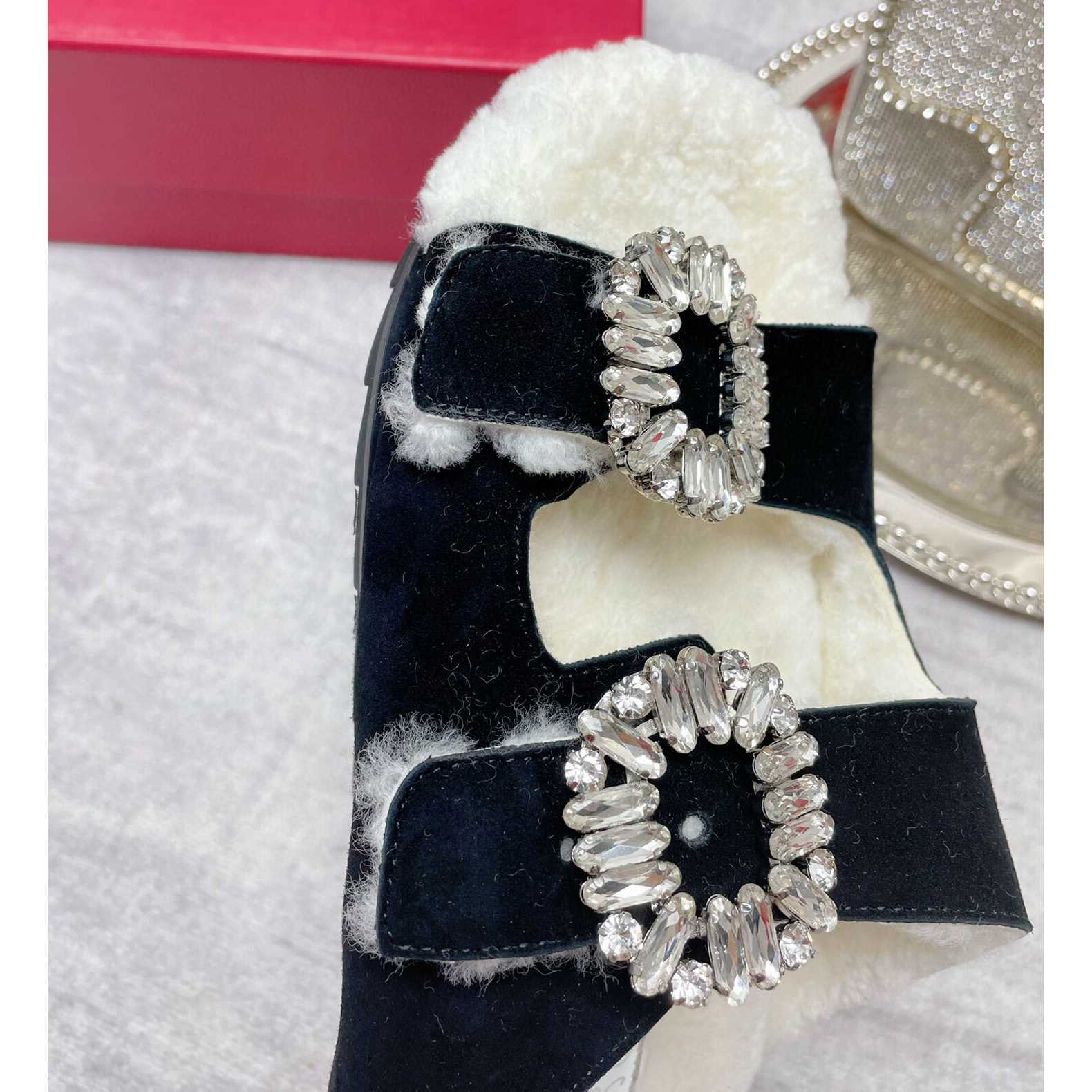 Roger Vivier Slidy Viv' Fur Strass Buckle Mules In Suede - DesignerGu