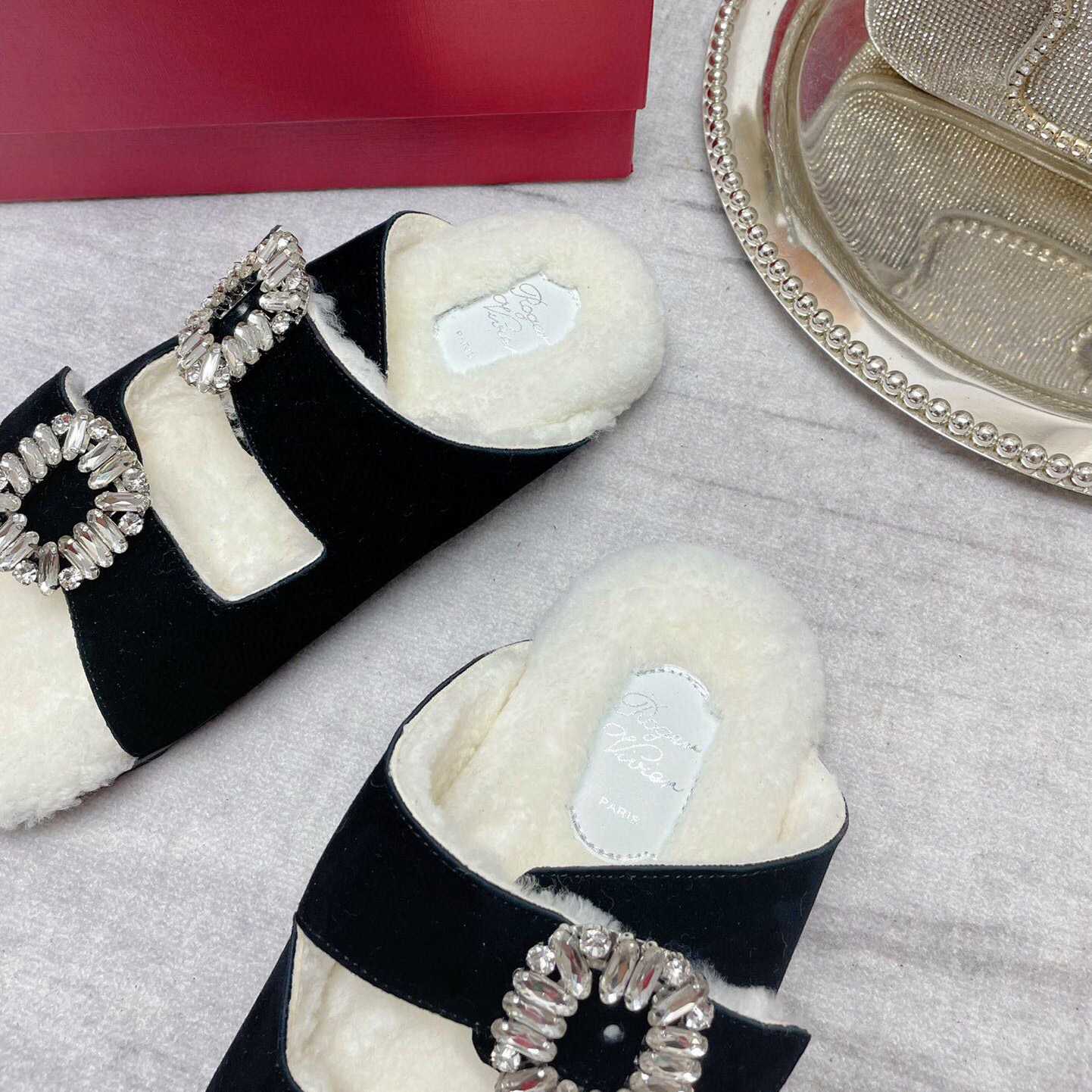 Roger Vivier Slidy Viv' Fur Strass Buckle Mules In Suede - DesignerGu