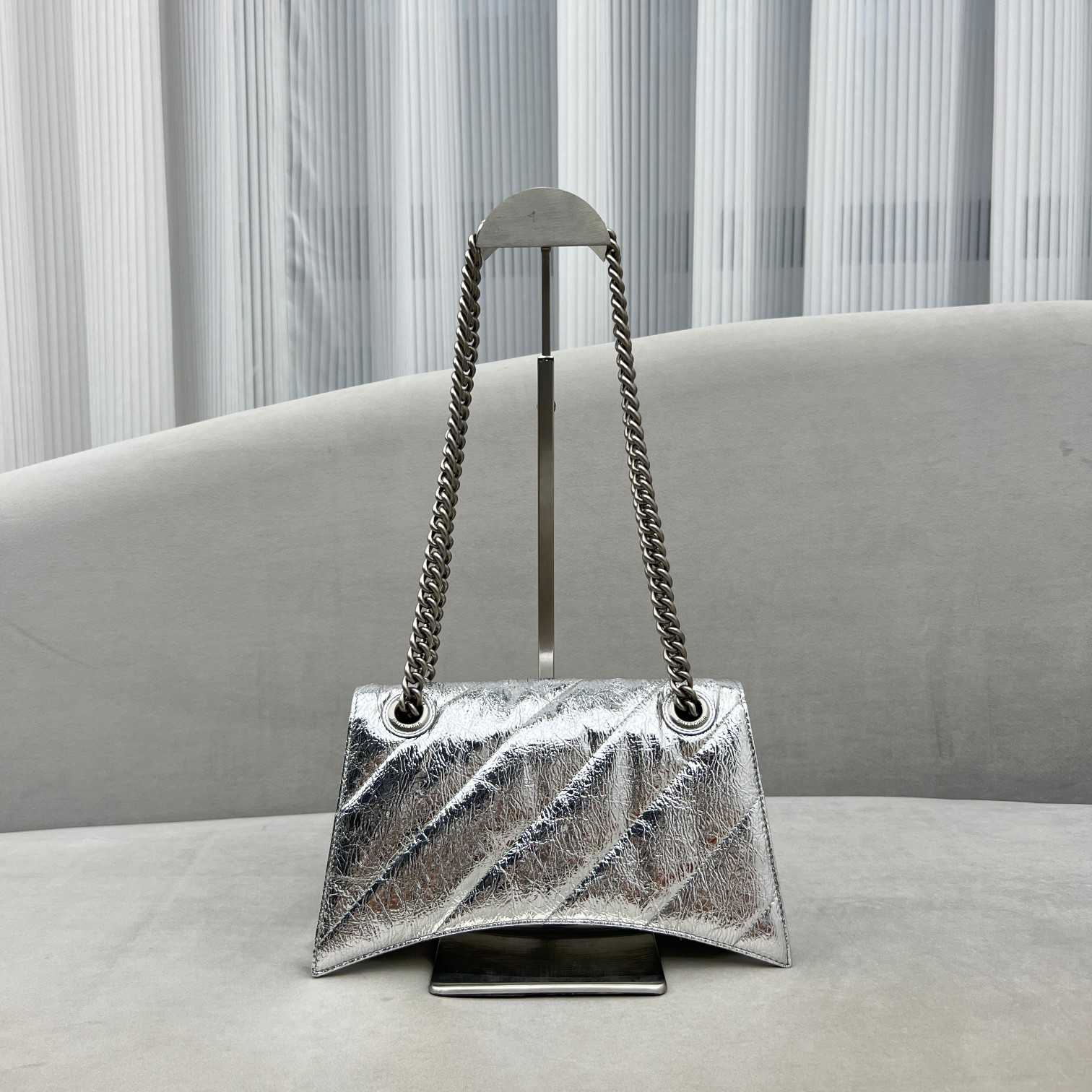 Balenciaga Women's Crush Small Chain Bag Metallized Quilted In Silver (25-15-9.5cm) - DesignerGu