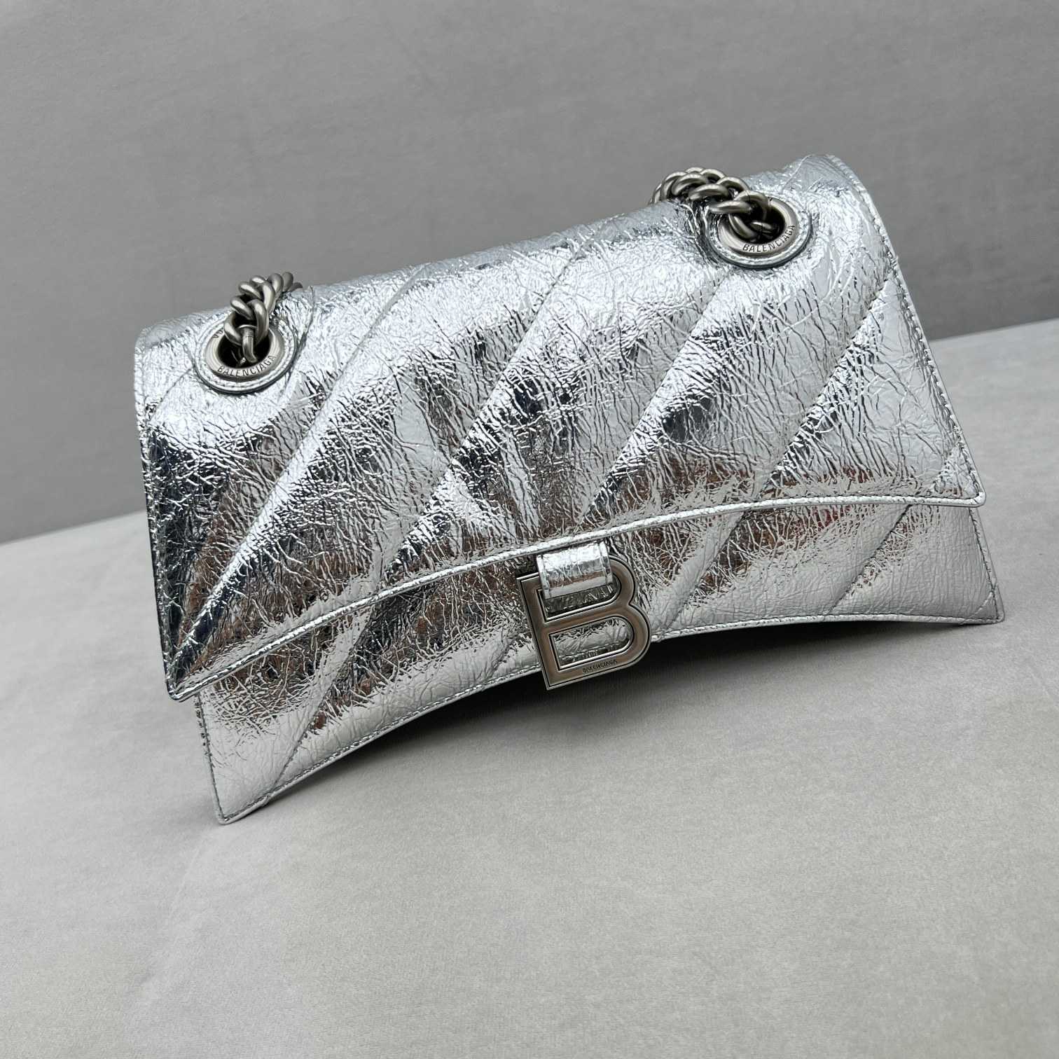 Balenciaga Women's Crush Small Chain Bag Metallized Quilted In Silver (25-15-9.5cm) - DesignerGu