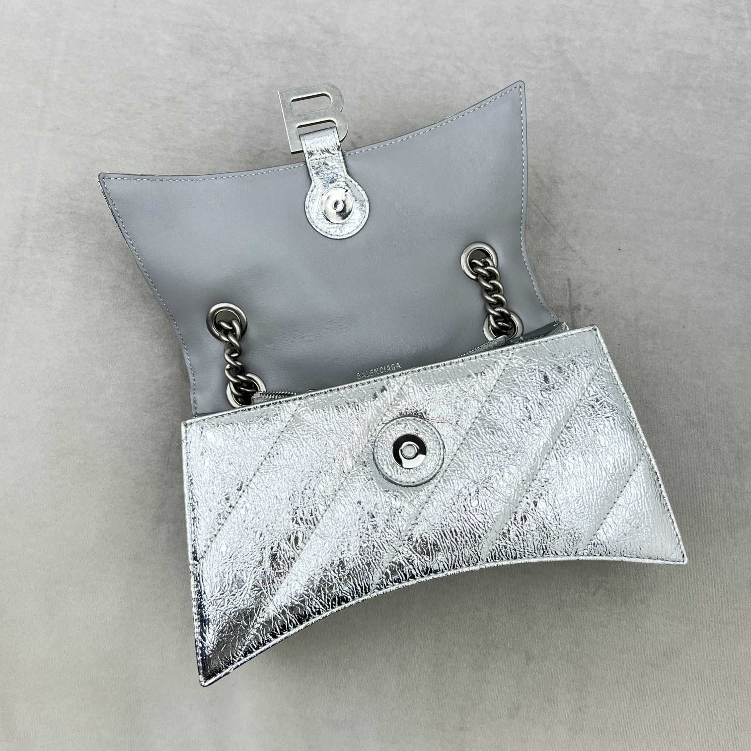 Balenciaga Women's Crush Small Chain Bag Metallized Quilted In Silver (25-15-9.5cm) - DesignerGu