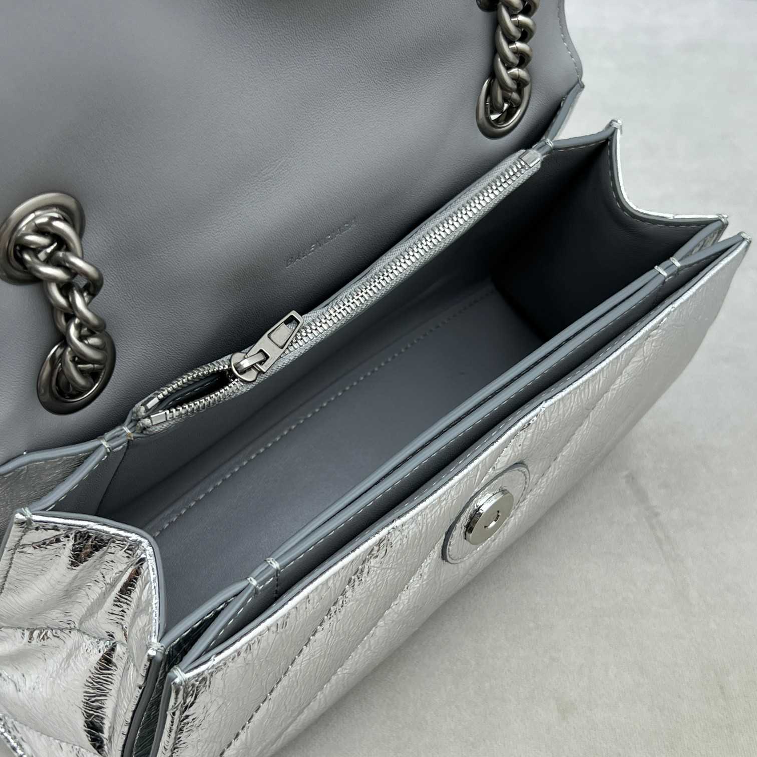 Balenciaga Women's Crush Small Chain Bag Metallized Quilted In Silver (25-15-9.5cm) - DesignerGu