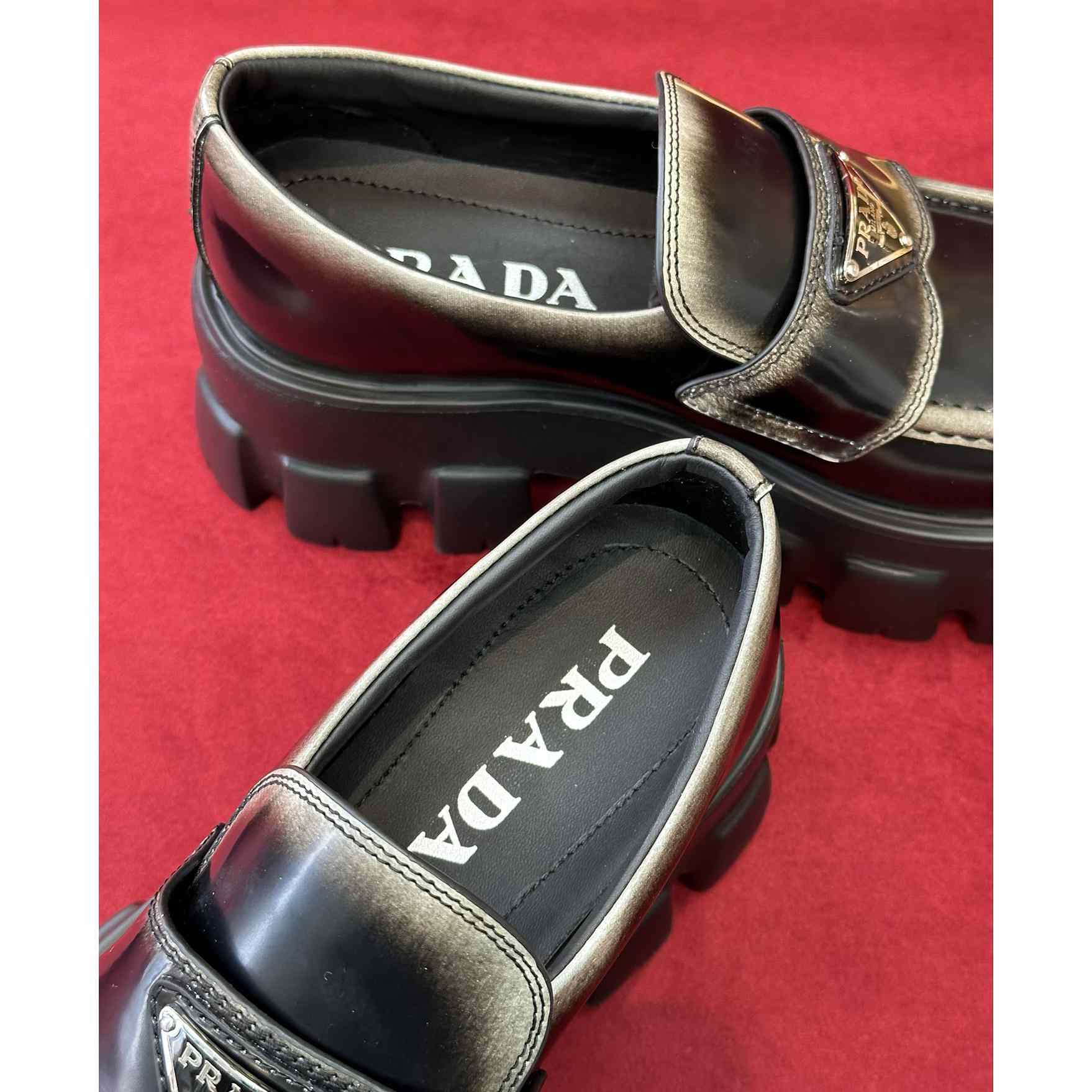 Prada Brushed Leather Monolith Loafers - DesignerGu