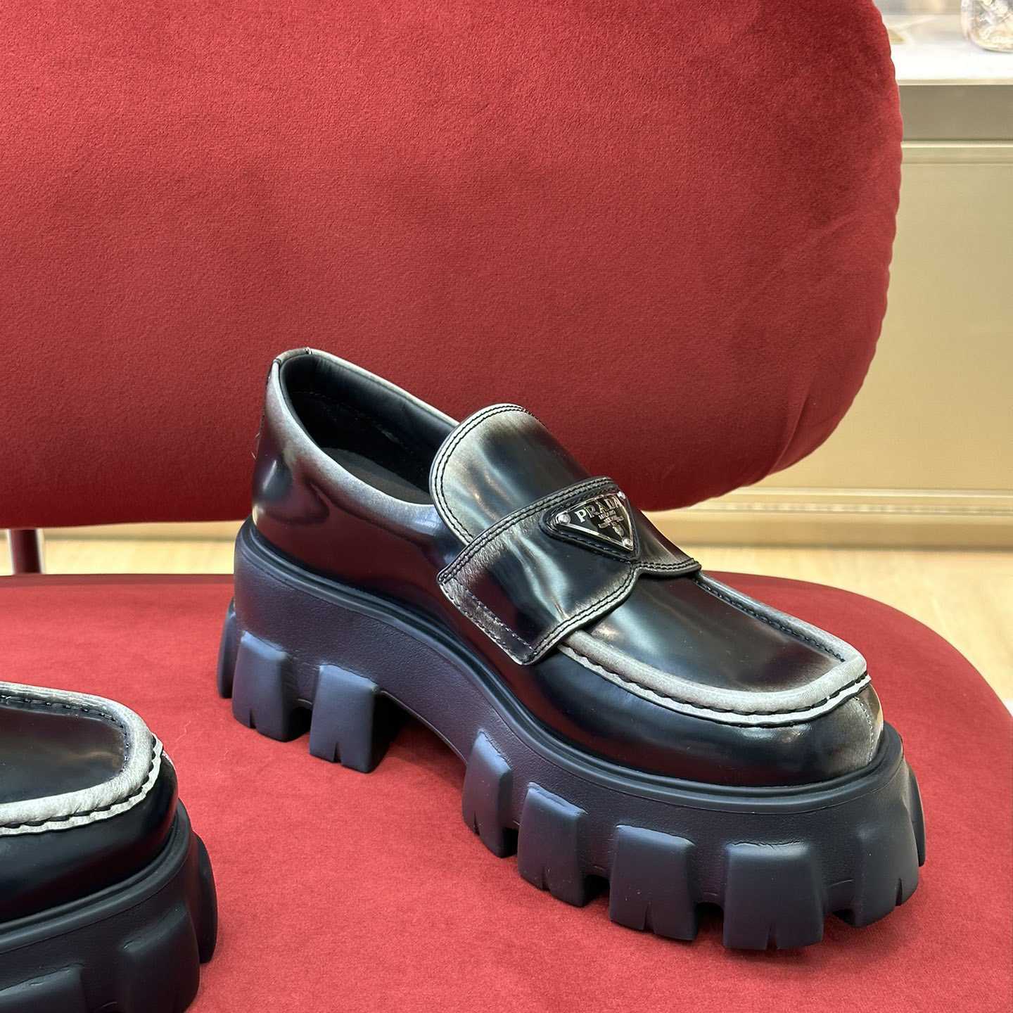 Prada Brushed Leather Monolith Loafers - DesignerGu