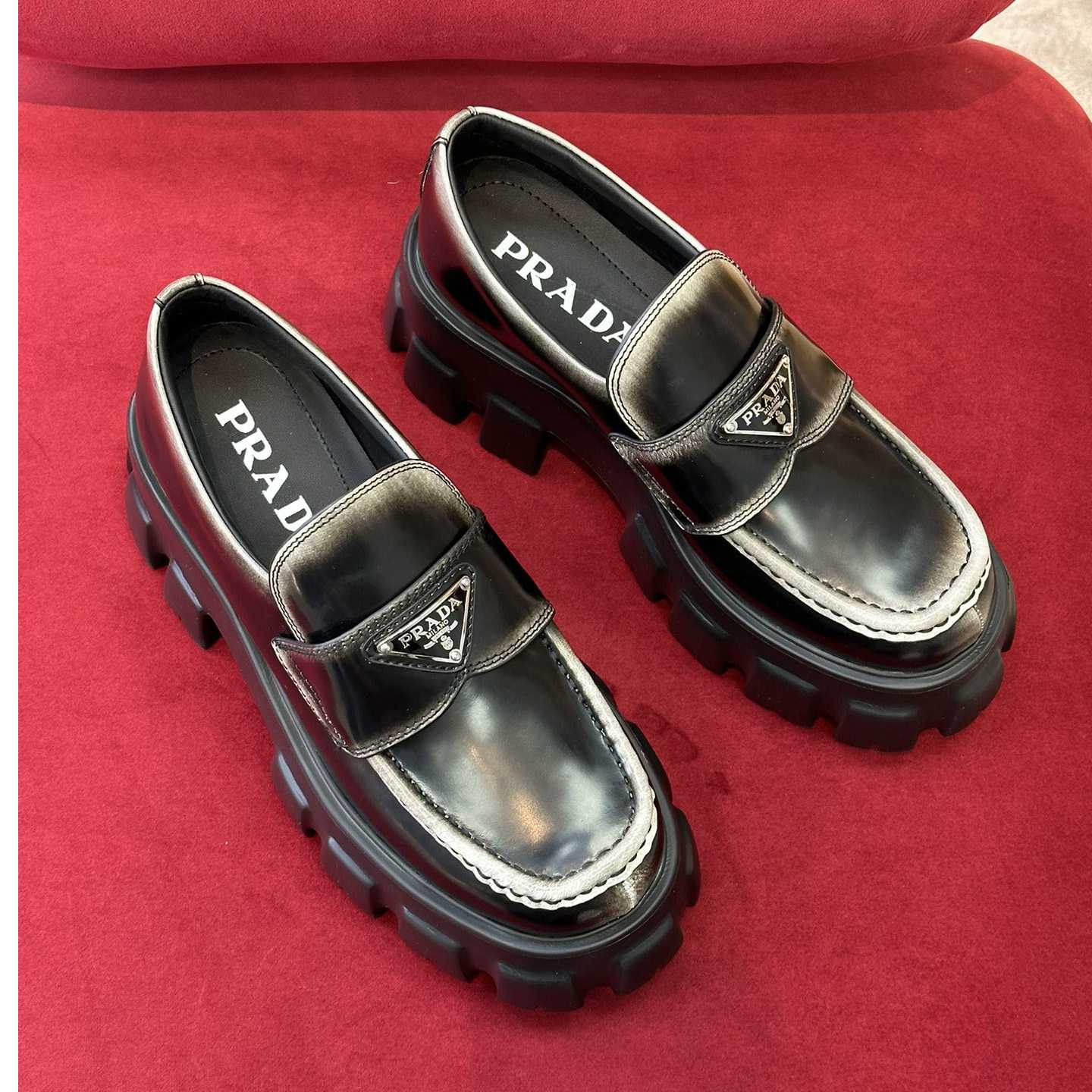 Prada Brushed Leather Monolith Loafers - DesignerGu