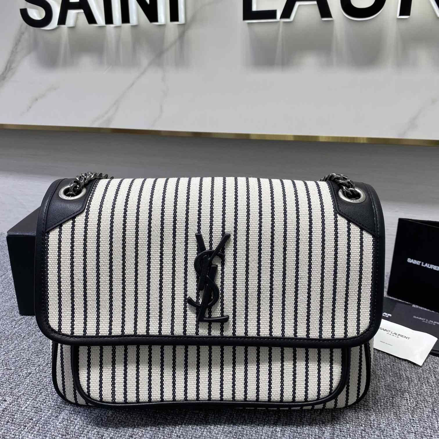 Saint Laurent Women's Niki Medium Striped Canvas Shoulder Bag (28cm) - DesignerGu