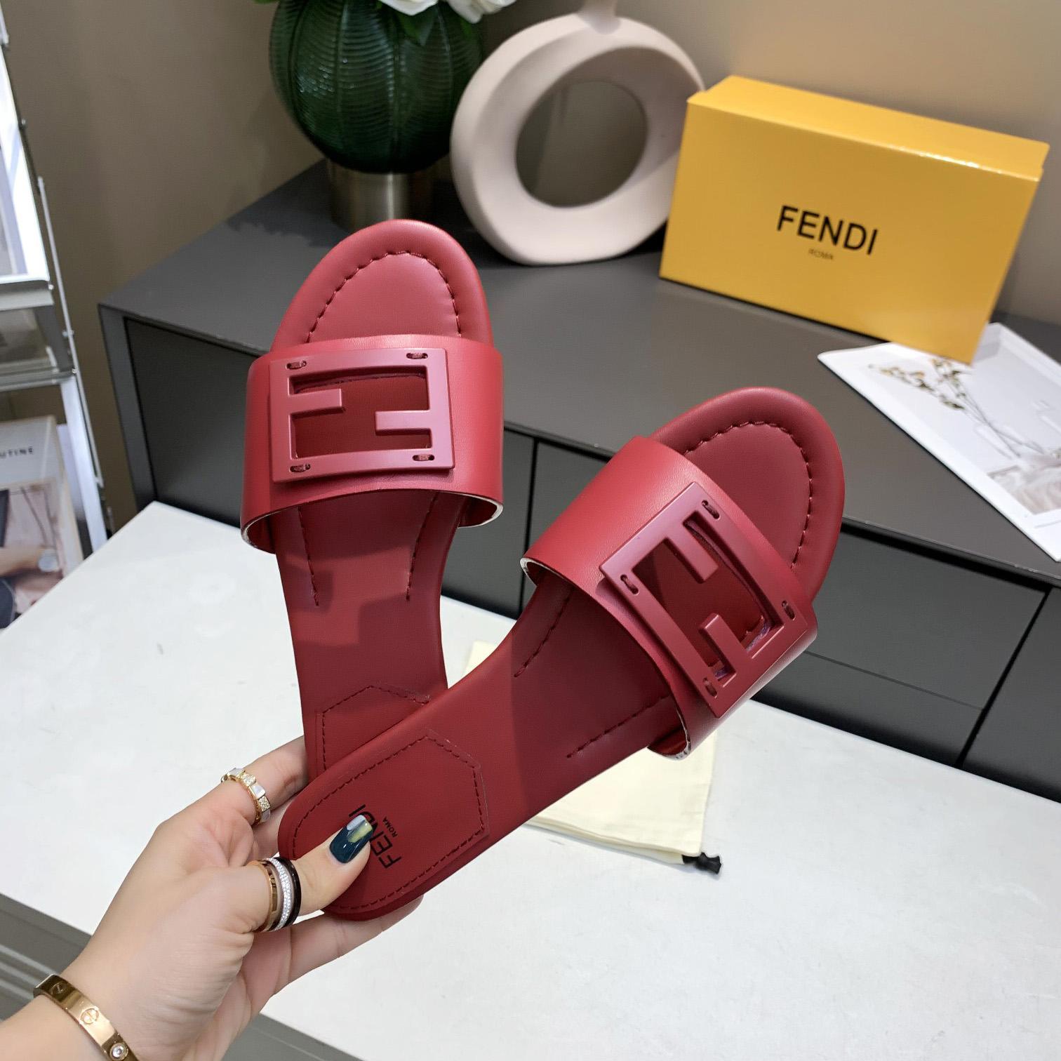 Fendi Signature Red Leather Slides - DesignerGu