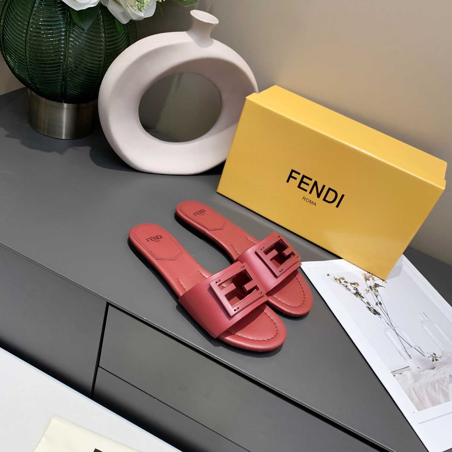 Fendi Signature Red Leather Slides - DesignerGu