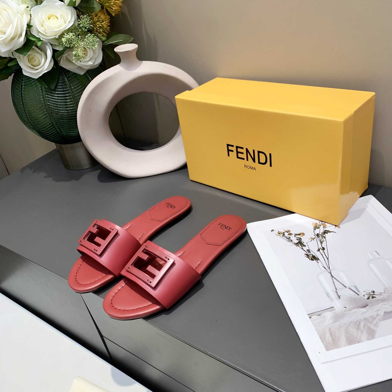 Fendi Signature Red Leather Slides - DesignerGu