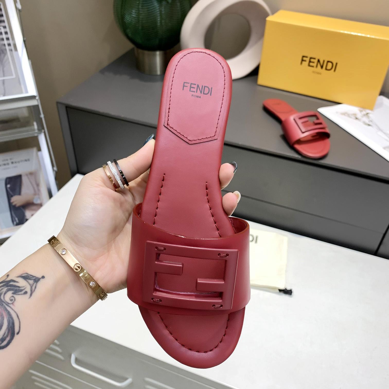 Fendi Signature Red Leather Slides - DesignerGu