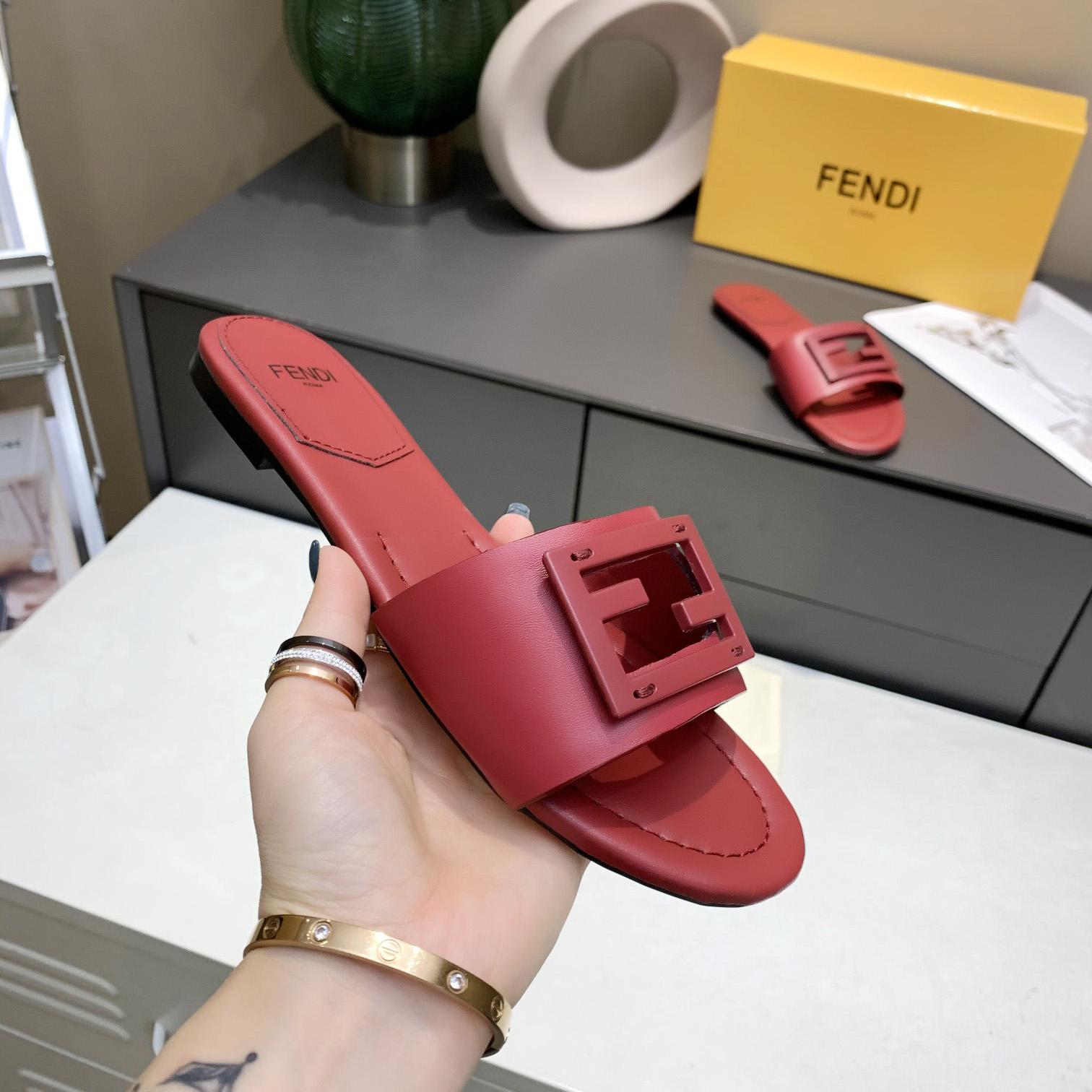 Fendi Signature Red Leather Slides - DesignerGu