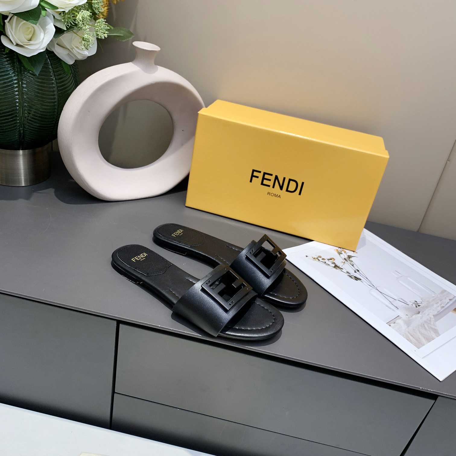 Fendi Signature Black Leather Slides - DesignerGu