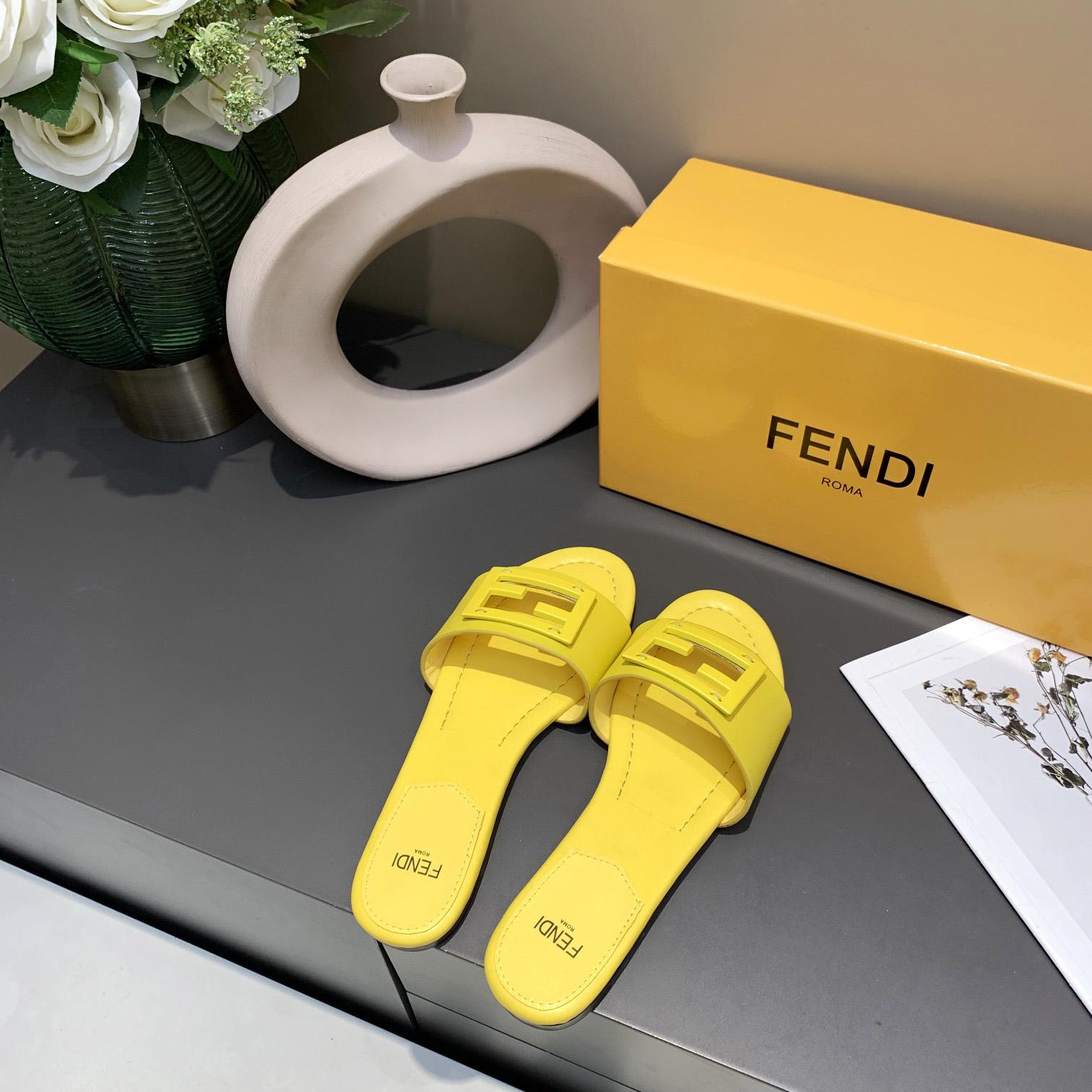 Fendi Signature Yellow Leather Slides - DesignerGu