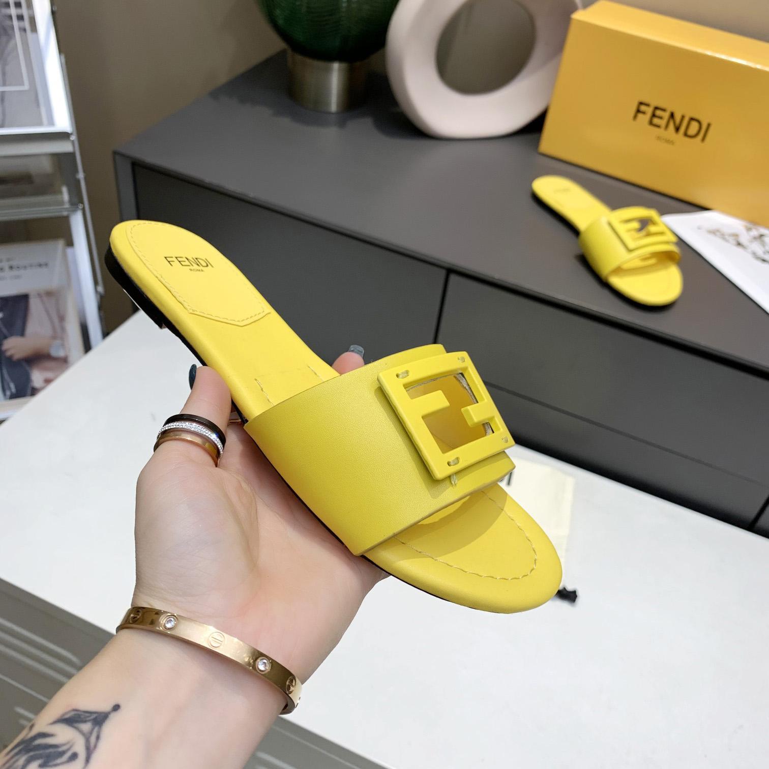 Fendi Signature Yellow Leather Slides - DesignerGu