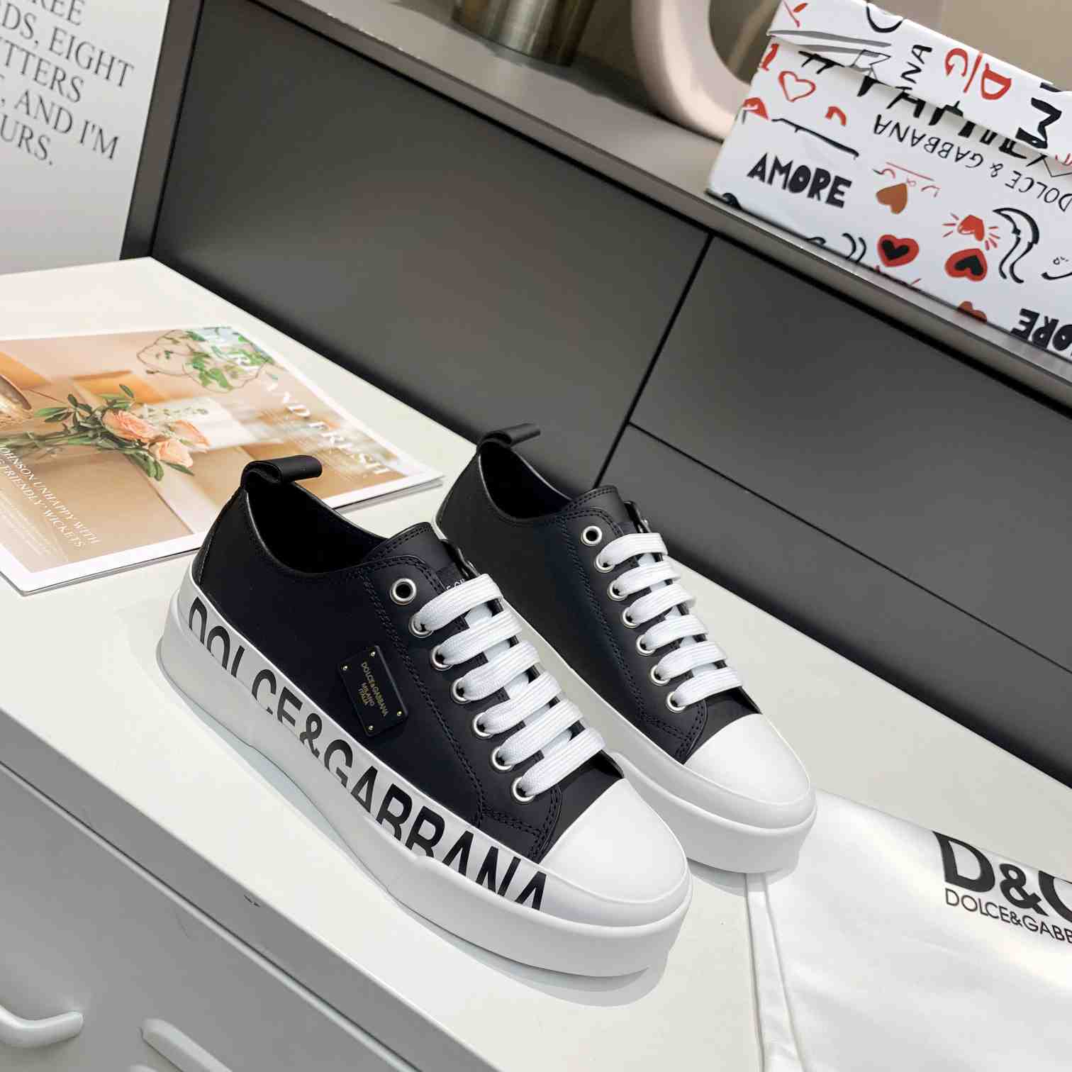 Dolce & Gabbana Calfskin Portofino Light Sneakers With Logo-Detailed Plate And Logo Print - DesignerGu