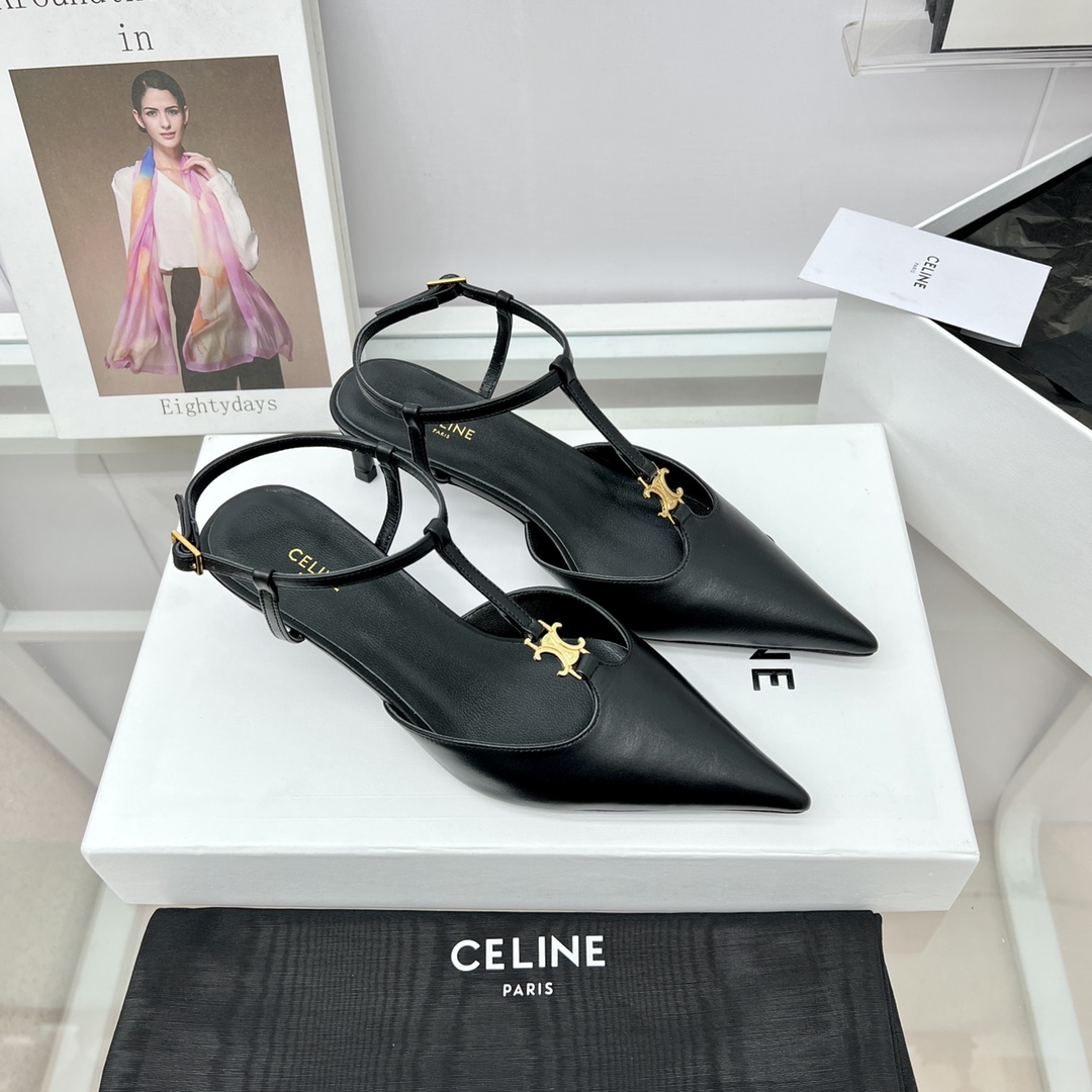 Celine Kitten With Triomphe T-Bar Strap In Calfskin  - DesignerGu