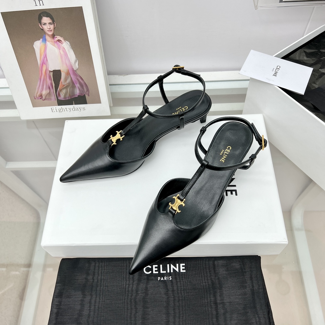 Celine Kitten With Triomphe T-Bar Strap In Calfskin  - DesignerGu