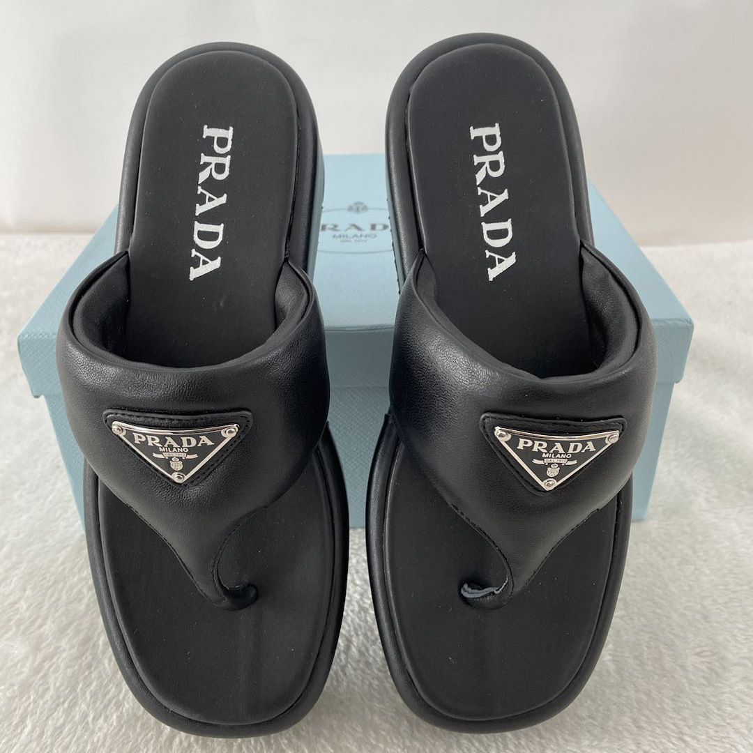 Prada Soft Padded Nappa Leather Thong Wedge Sandals - DesignerGu