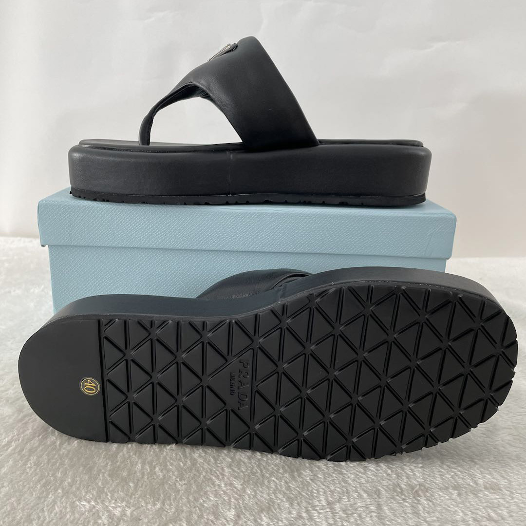 Prada Soft Padded Nappa Leather Thong Wedge Sandals - DesignerGu