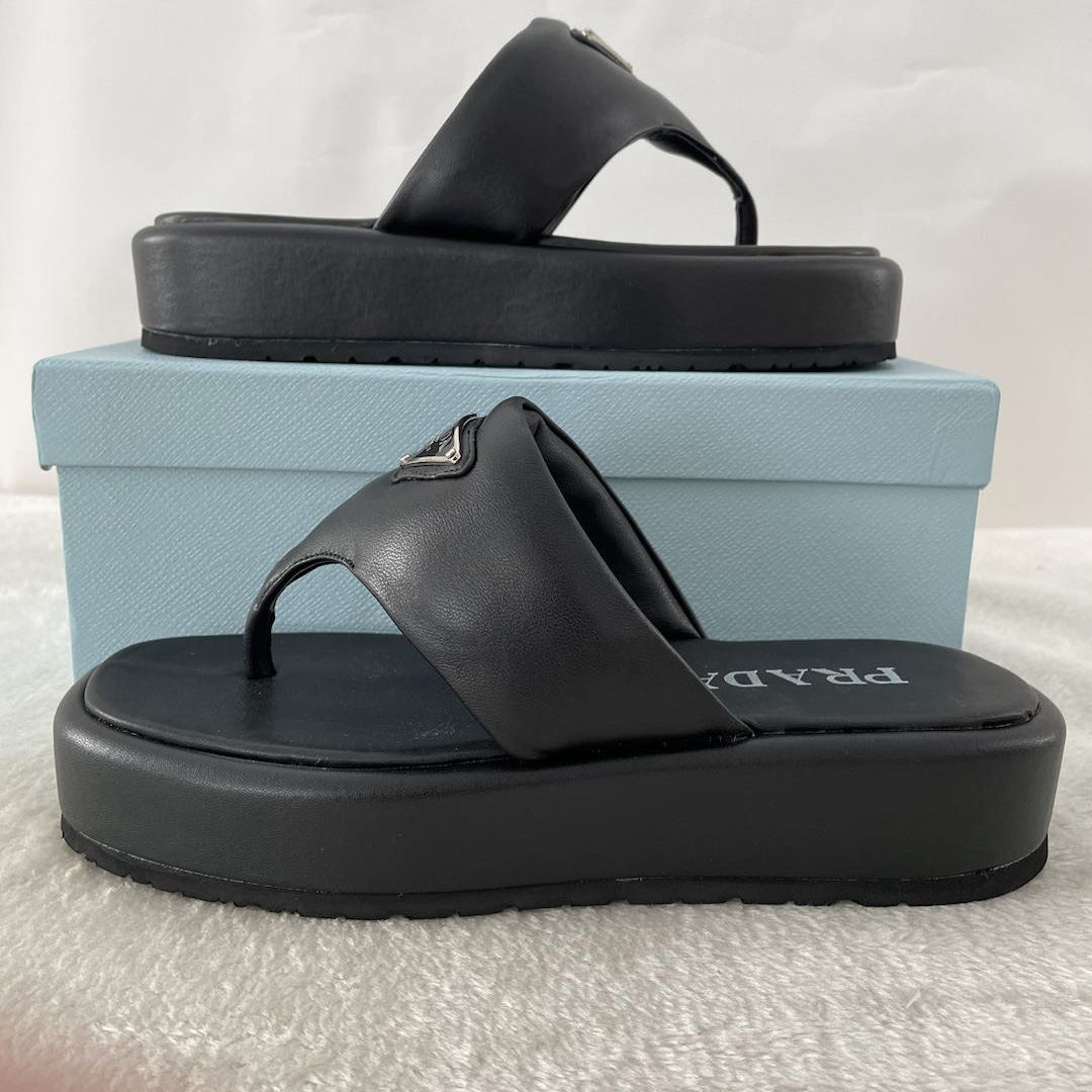Prada Soft Padded Nappa Leather Thong Wedge Sandals - DesignerGu