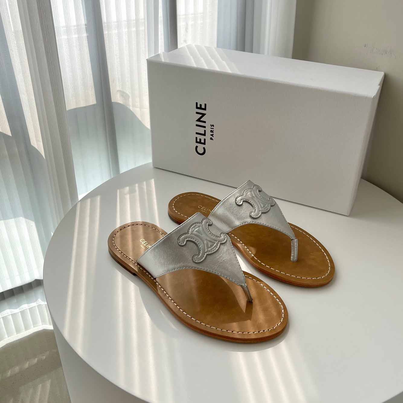 Celine Triomphe Flat Thong In Metalized Calfskin Silver - DesignerGu