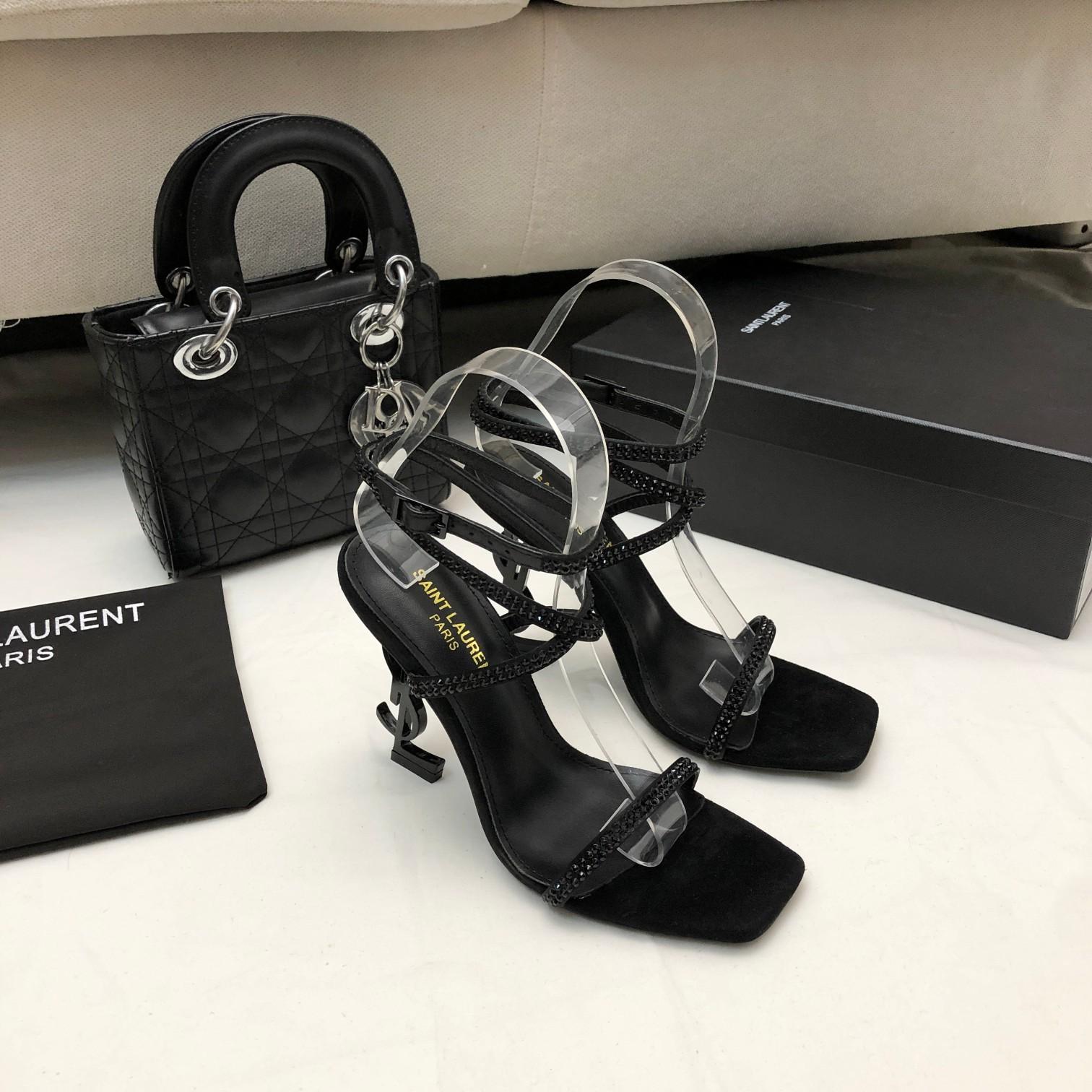 Saint Laurent Opyum Sandals In Crepe Satin And Rhinestones - DesignerGu