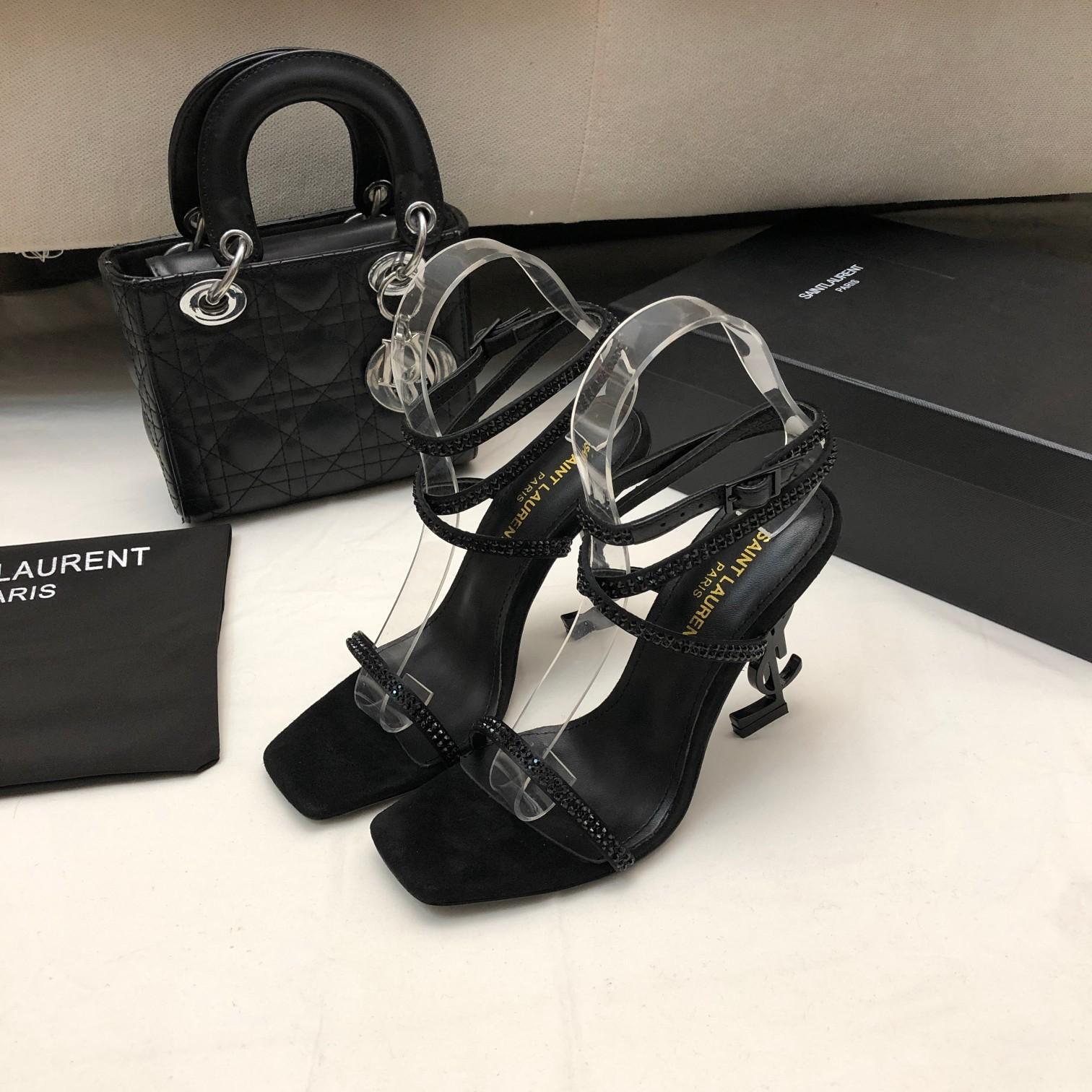 Saint Laurent Opyum Sandals In Crepe Satin And Rhinestones - DesignerGu