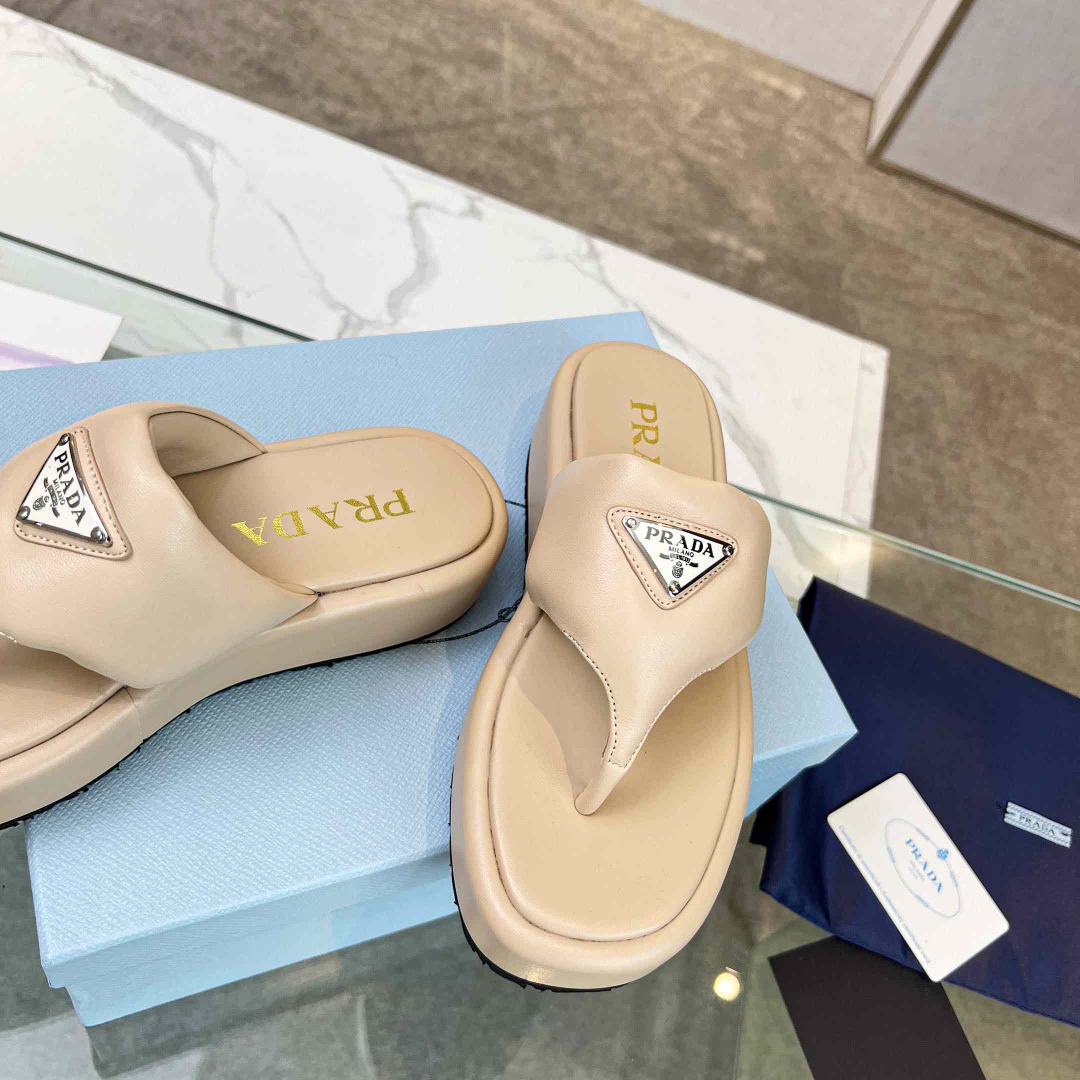 Prada Soft Padded Nappa Leather Thong Wedge Sandals - DesignerGu