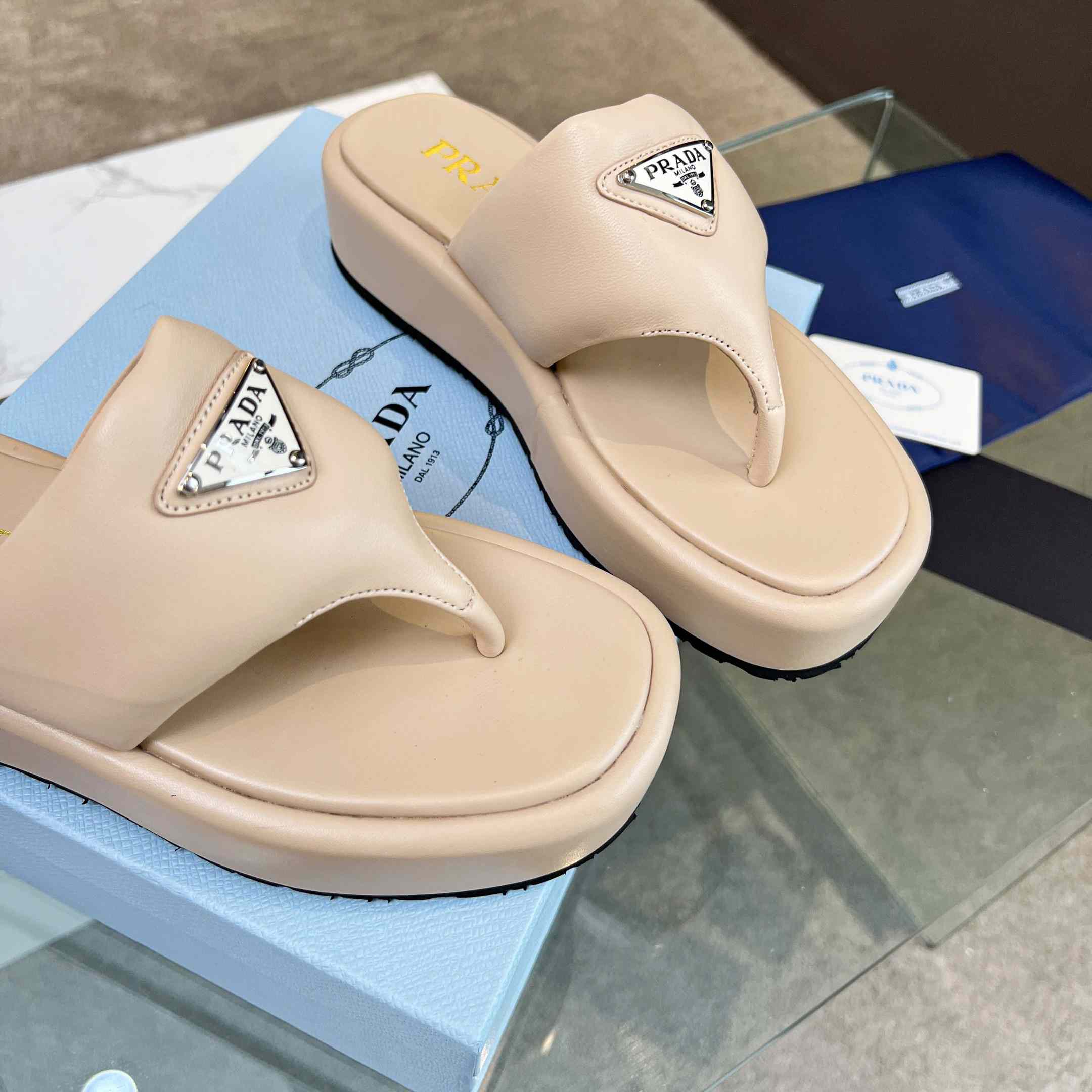 Prada Soft Padded Nappa Leather Thong Wedge Sandals - DesignerGu