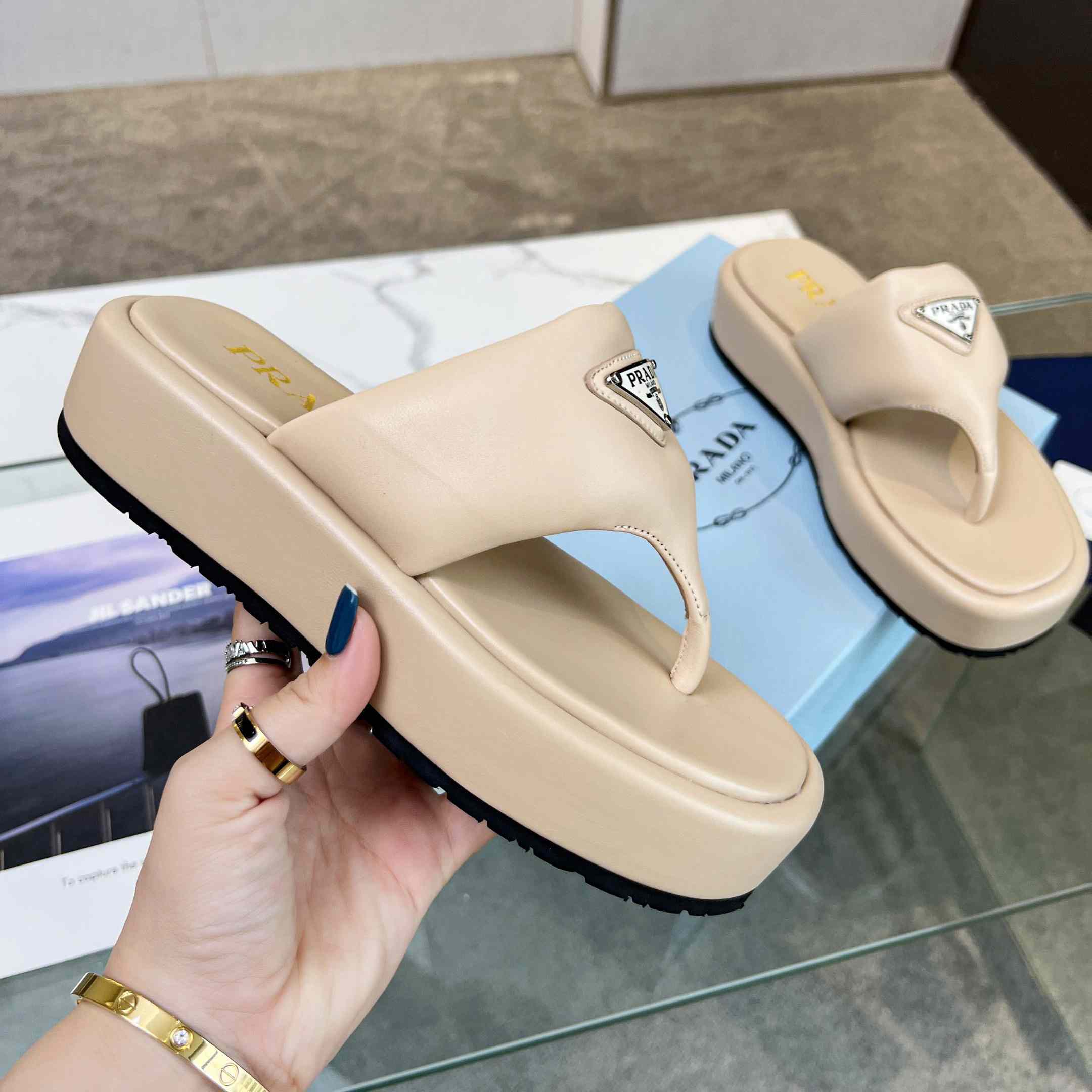 Prada Soft Padded Nappa Leather Thong Wedge Sandals - DesignerGu