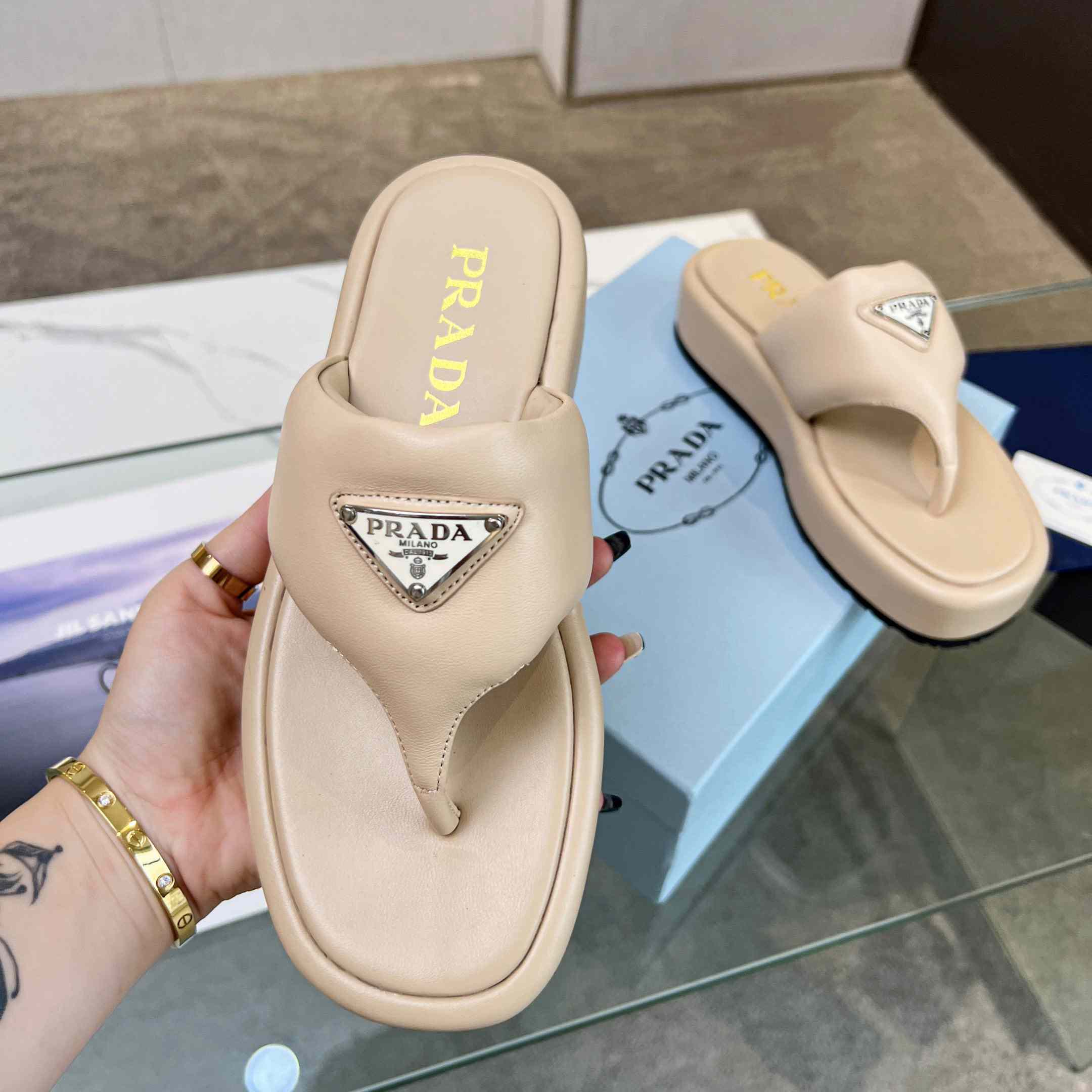 Prada Soft Padded Nappa Leather Thong Wedge Sandals - DesignerGu