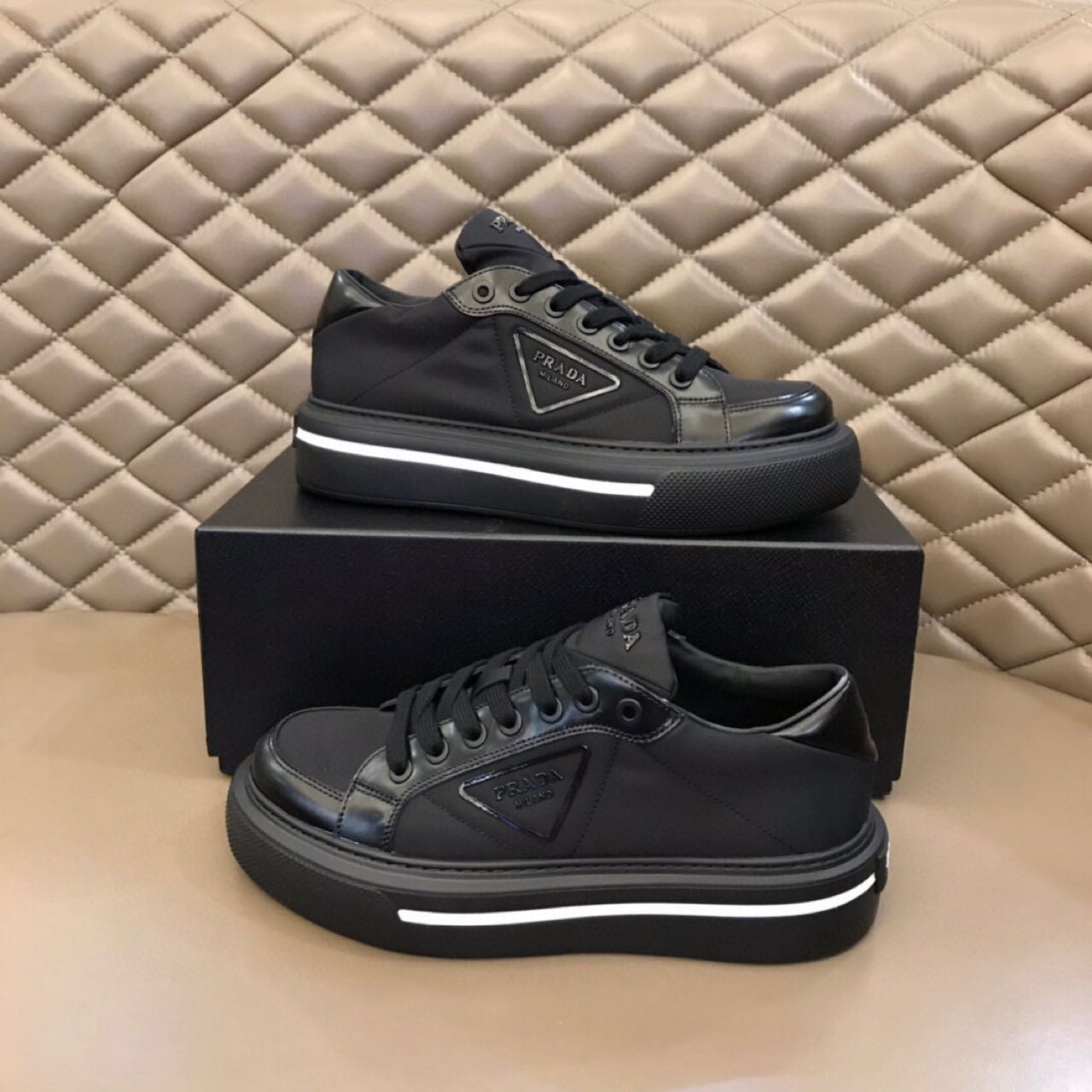 Prada Macro Re-Nylon And Brushed Leather Sneakers - DesignerGu