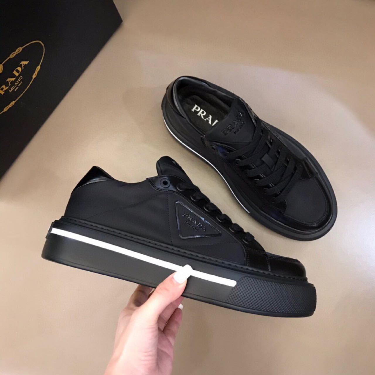 Prada Macro Re-Nylon And Brushed Leather Sneakers - DesignerGu