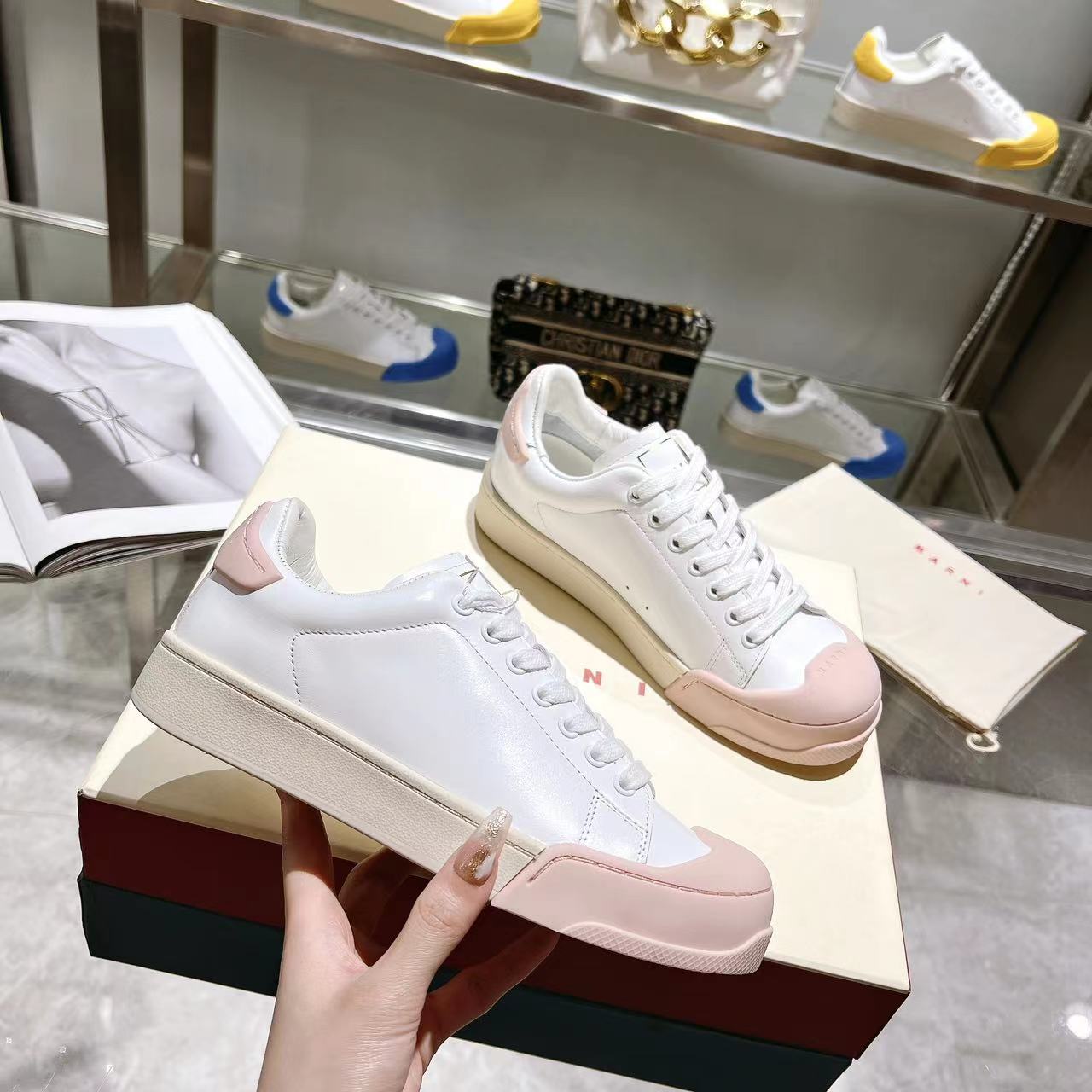 Marni Dada Bumper Sneaker In White And Pink Leather - DesignerGu