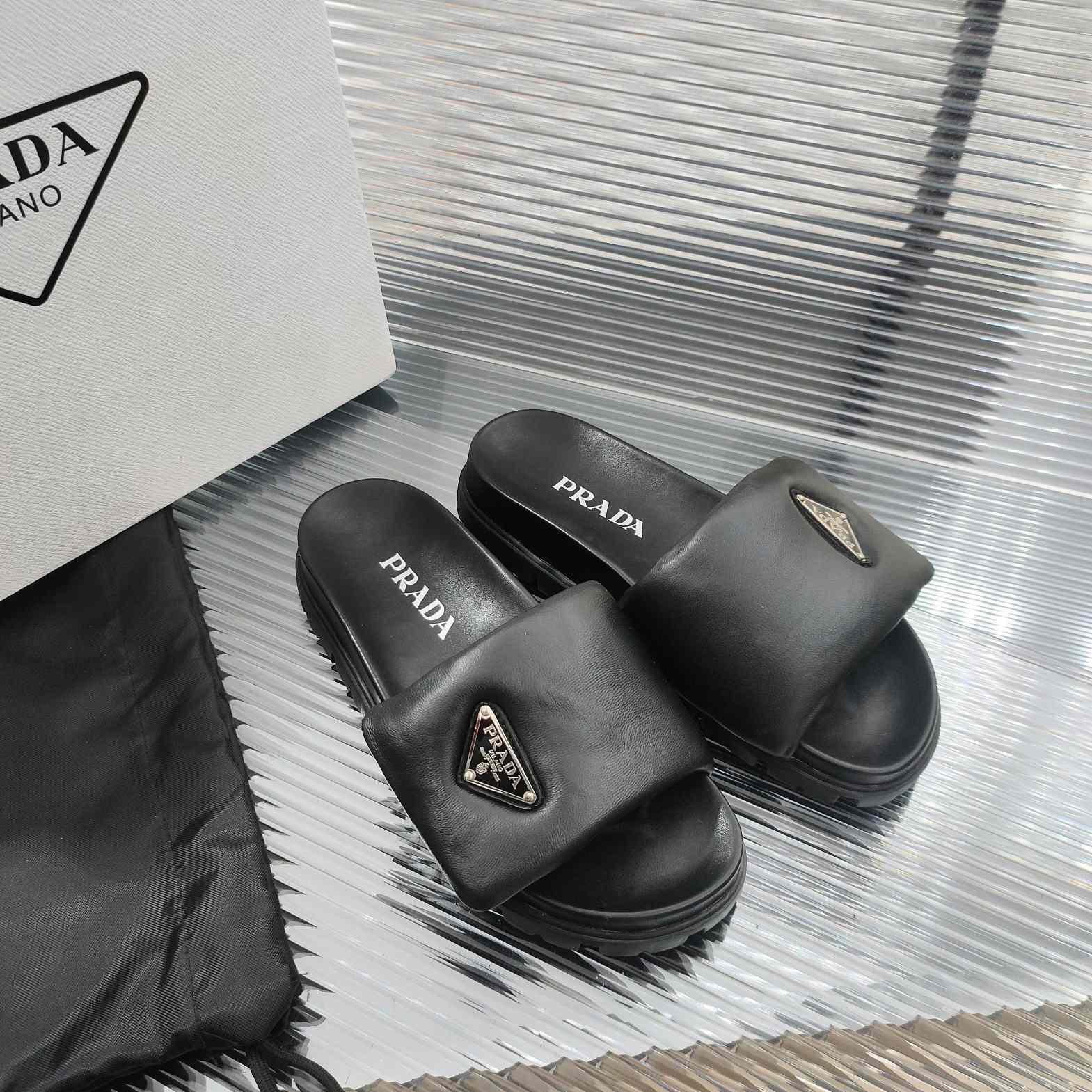 Prada Soft Padded Nappa Leather Slides - DesignerGu