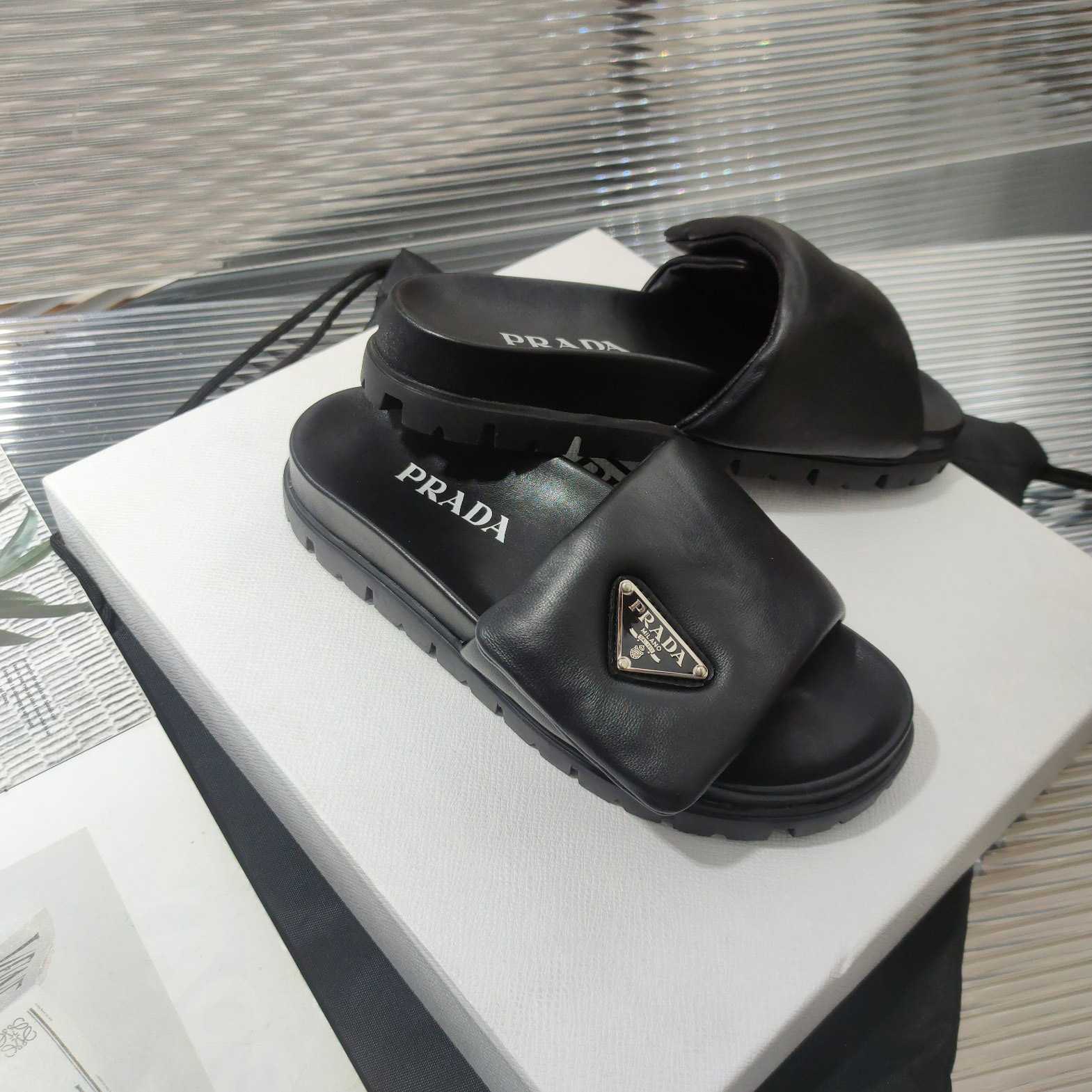 Prada Soft Padded Nappa Leather Slides - DesignerGu