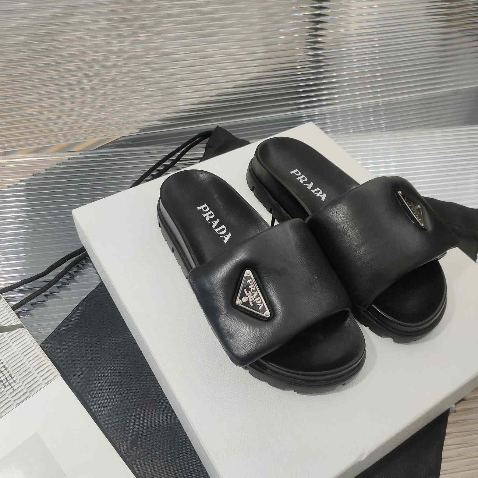 Prada Soft Padded Nappa Leather Slides - DesignerGu