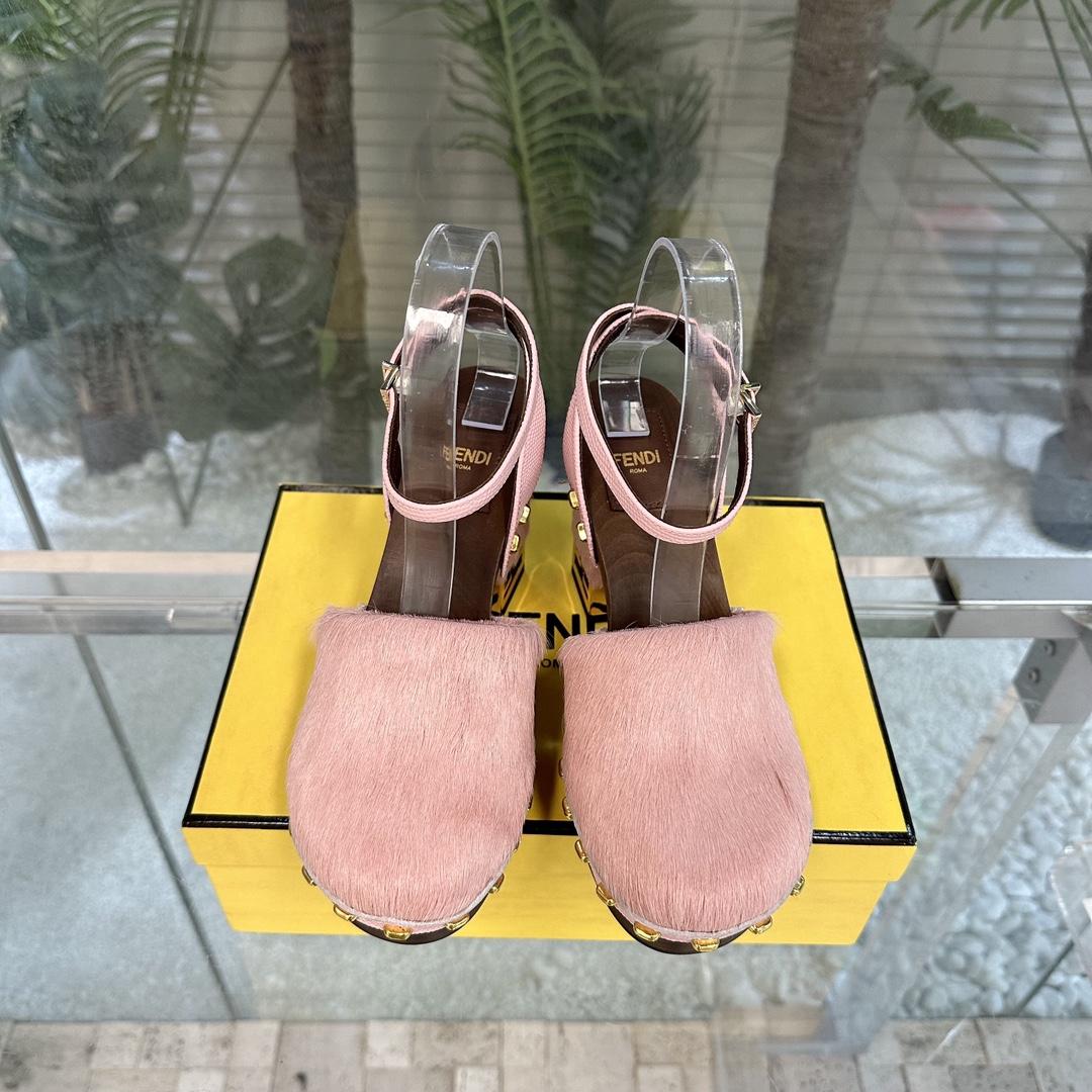 Fendi Baguette Show Pink pony Hair High-heeled Clogs - DesignerGu