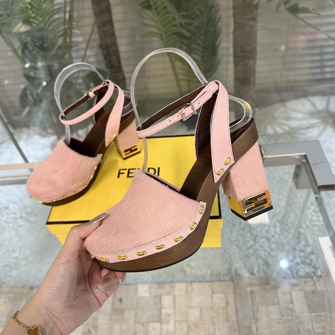 Fendi Baguette Show Pink pony Hair High-heeled Clogs - DesignerGu