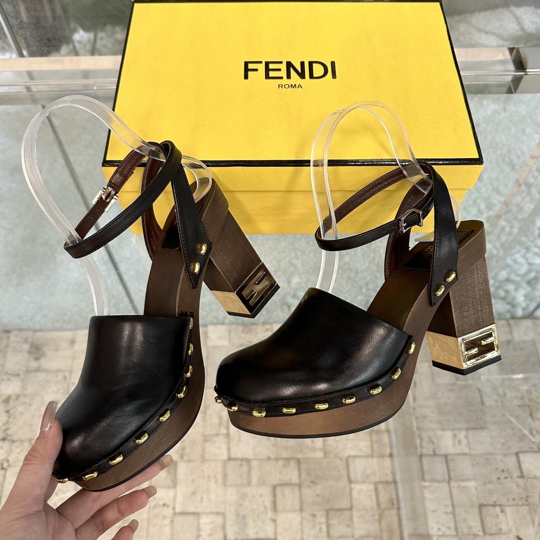 Fendi Baguette Show Black Leather High-heeled Clogs - DesignerGu