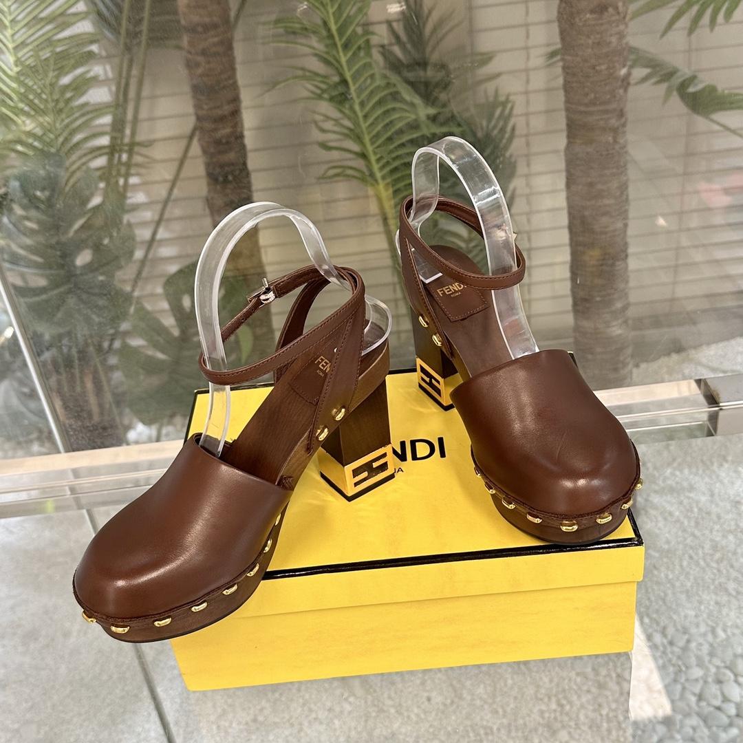 Fendi Baguette Show Brown Leather High-heeled Clogs - DesignerGu