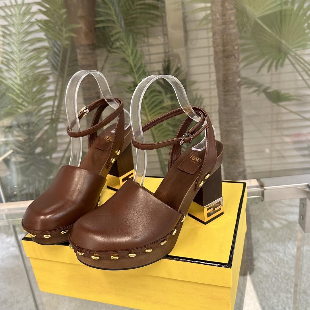 Fendi Baguette Show Brown Leather High-heeled Clogs - DesignerGu